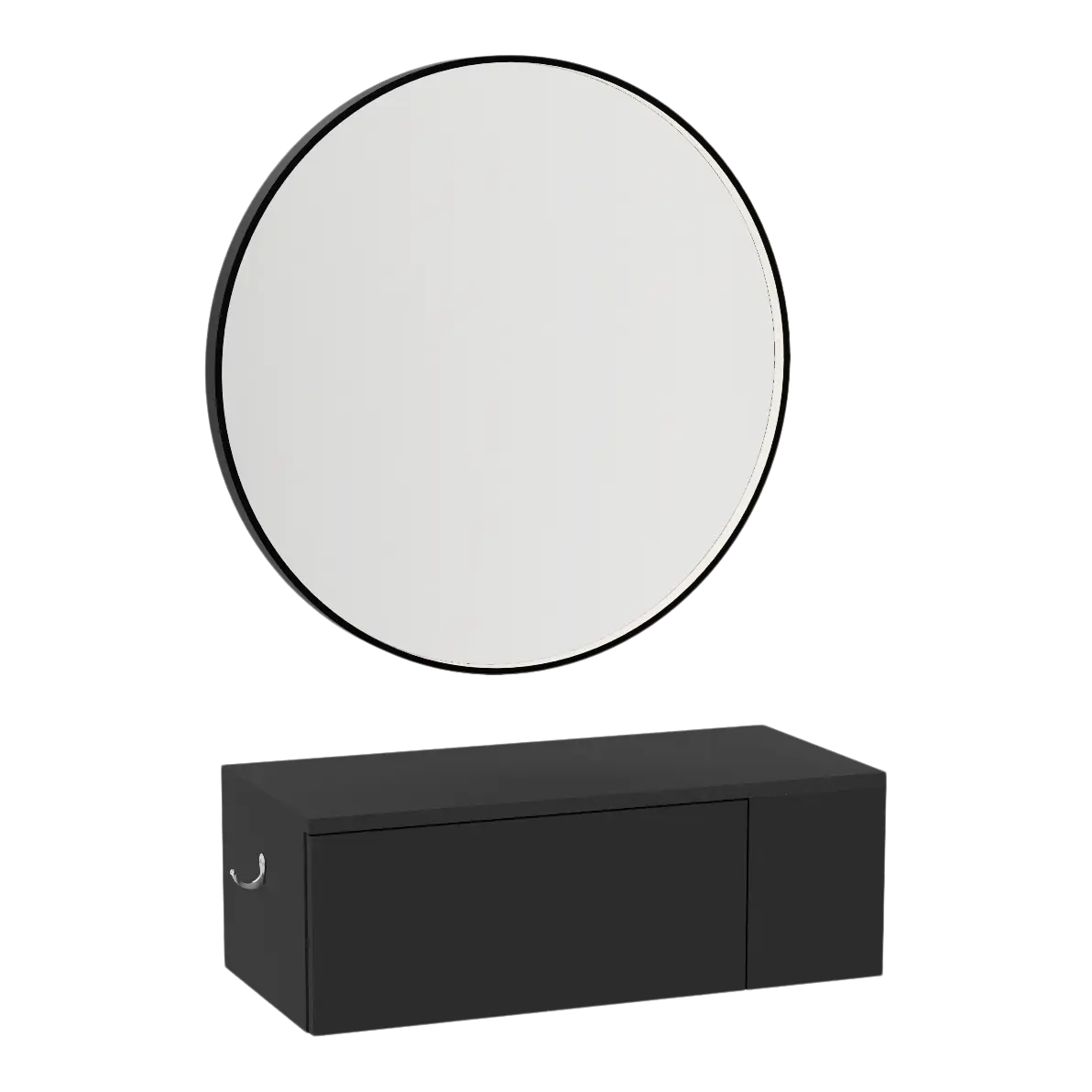 Glo Wall Mount Styling Station with Concealed Appliance Holder and Black Round Westin Mirror