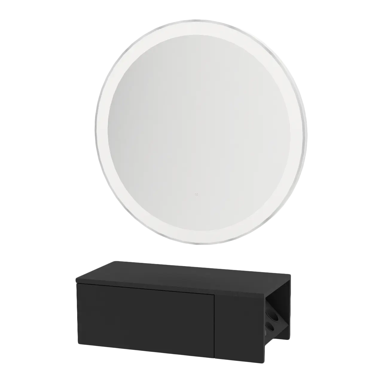 Glo Wall Mount Styling Station with Concealed Appliance Holder and Silver Round Glo Mirror