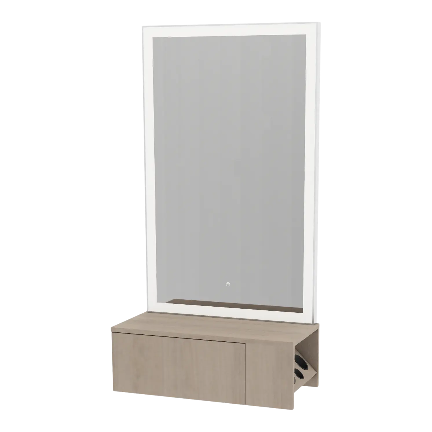 Glo Wall Mount Styling Station with Concealed Appliance Holder and Silver Rectangle Glo Mirror