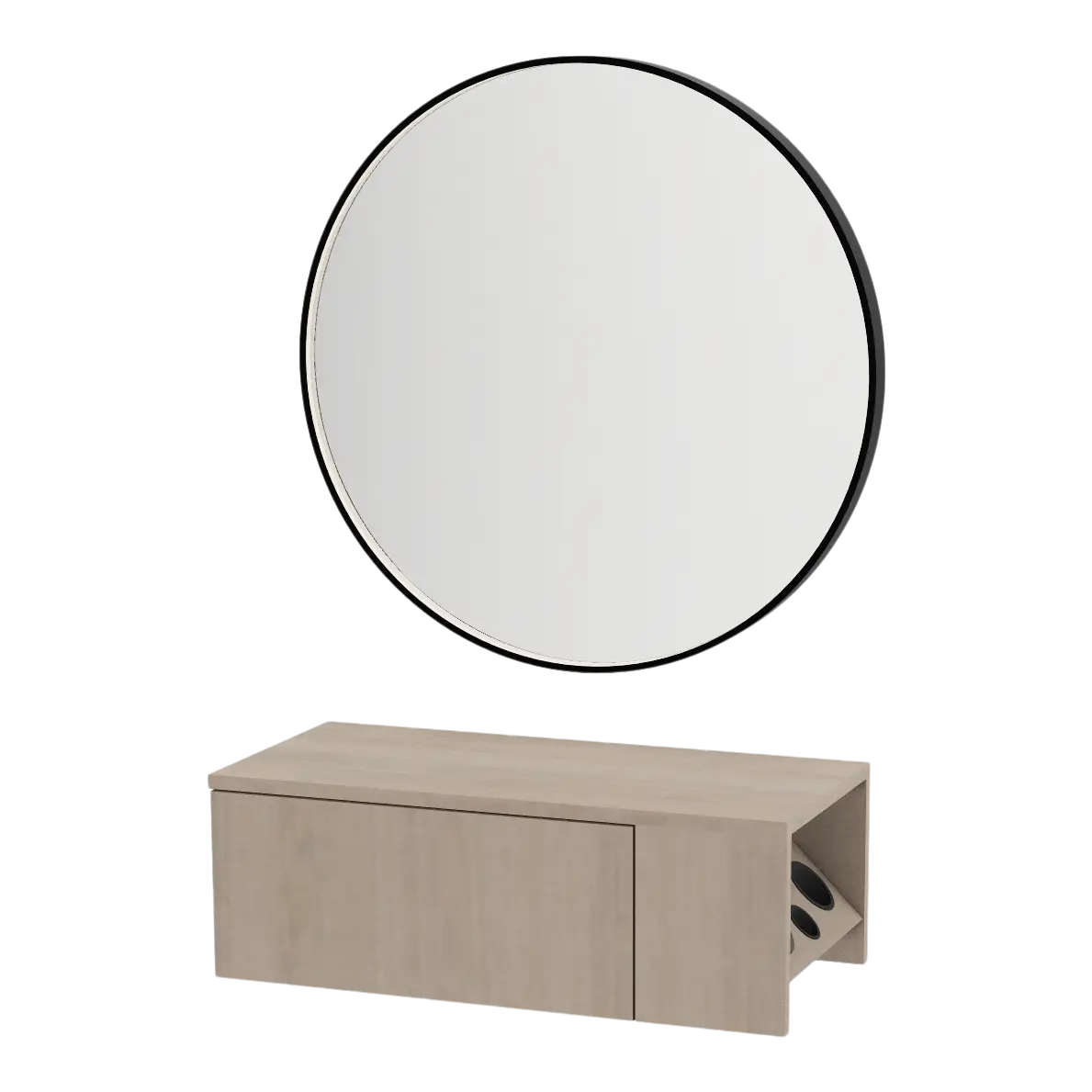 Glo Wall Mount Styling Station with Concealed Appliance Holder and Black Round Westin Mirror