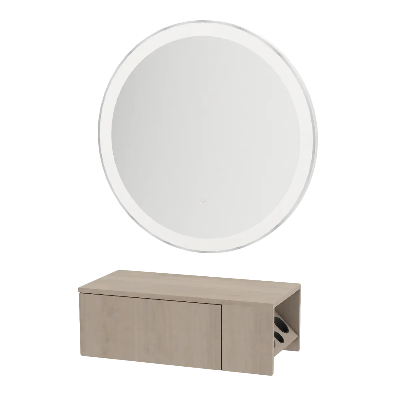 Glo Wall Mount Styling Station with Concealed Appliance Holder and Silver Round Glo Mirror