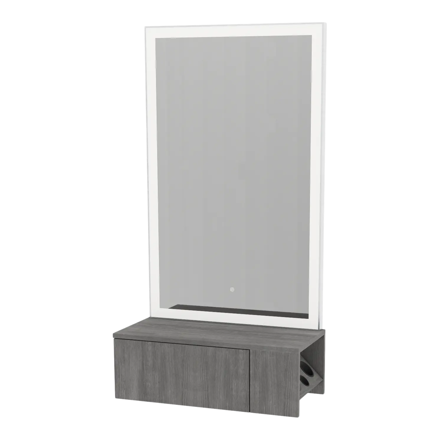 Glo Wall Mount Styling Station with Concealed Appliance Holder and Silver Rectangle Glo Mirror