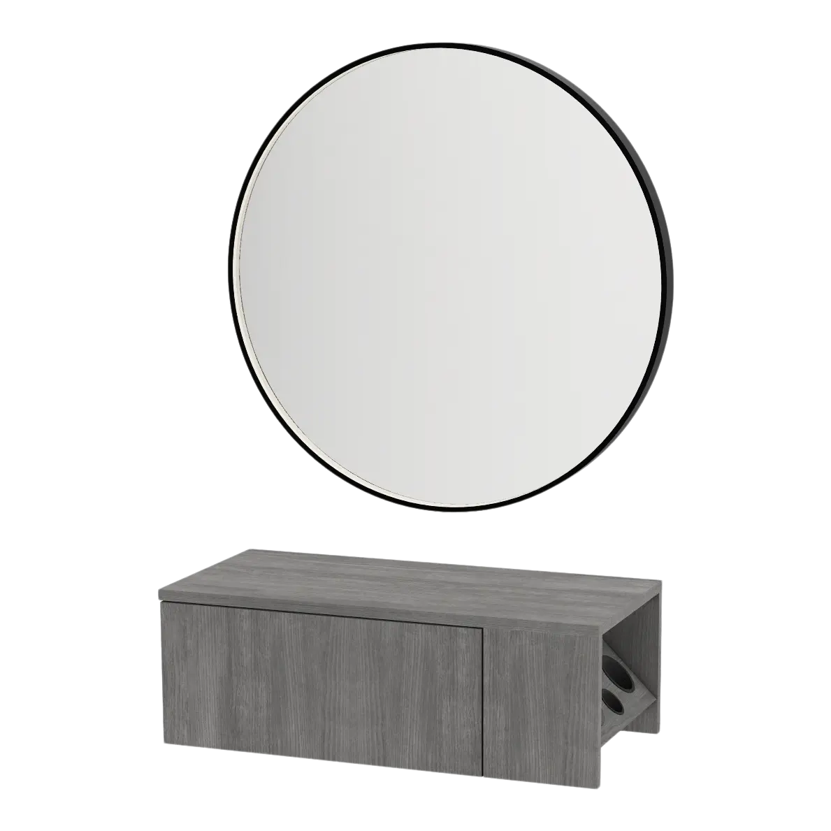 Glo Wall Mount Styling Station with Concealed Appliance Holder and Black Round Westin Mirror