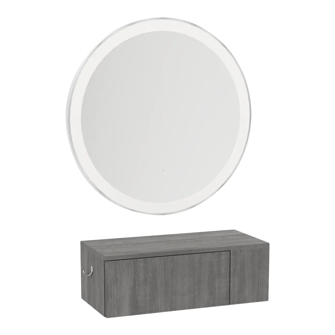 Glo Wall Mount Styling Station with Concealed Appliance Holder and Silver Round Glo Mirror