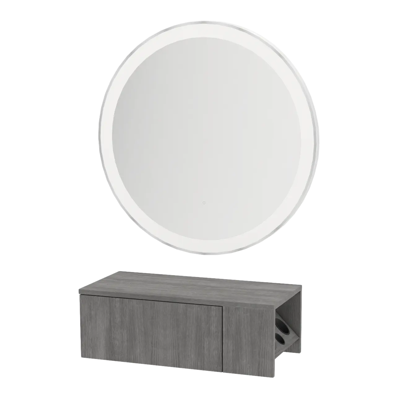 Glo Wall Mount Styling Station with Concealed Appliance Holder and Silver Round Glo Mirror