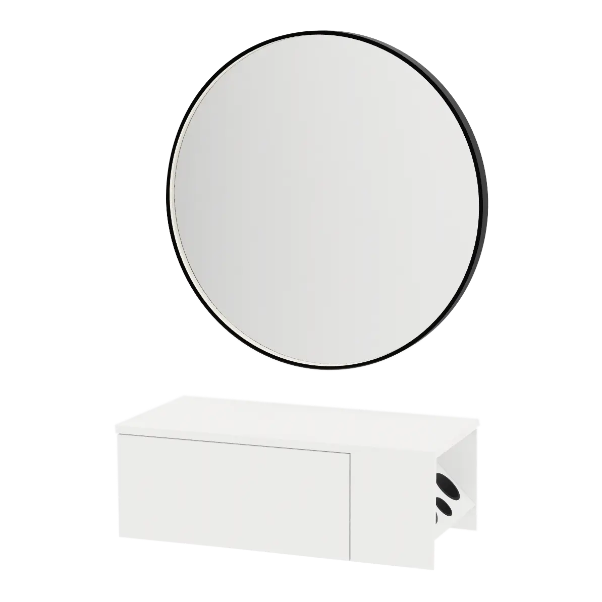 Glo Wall Mount Styling Station with Concealed Appliance Holder and Black Round Westin Mirror