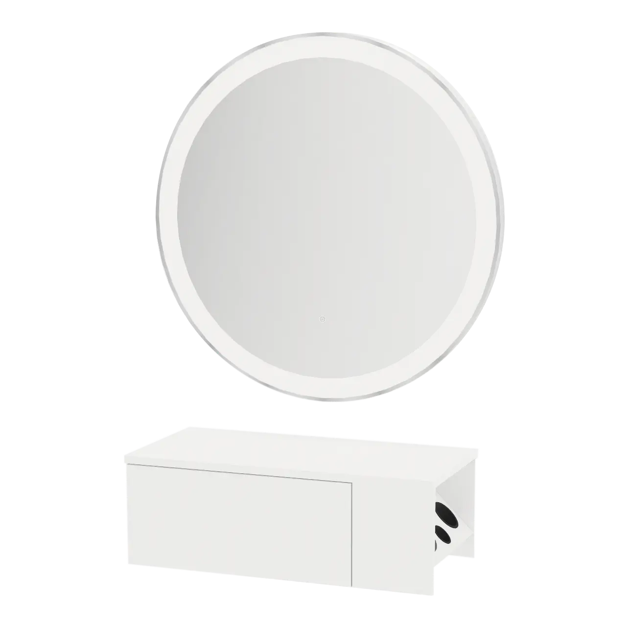 Glo Wall Mount Styling Station with Concealed Appliance Holder and Silver Round Glo Mirror
