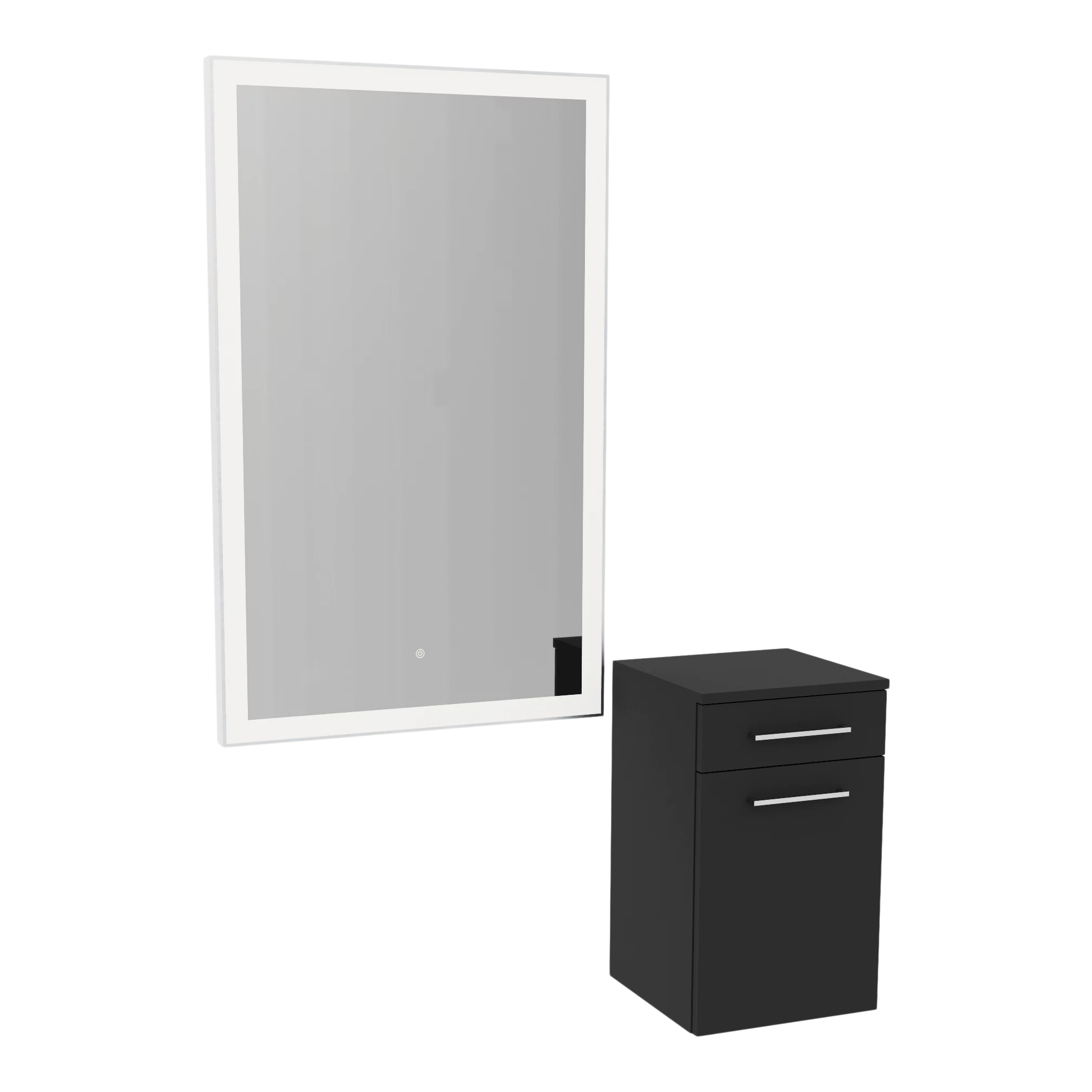 Glo Wall Mount Styling Station with Tilt-out Appliance Holder and Silver Rectangle Glo Mirror
