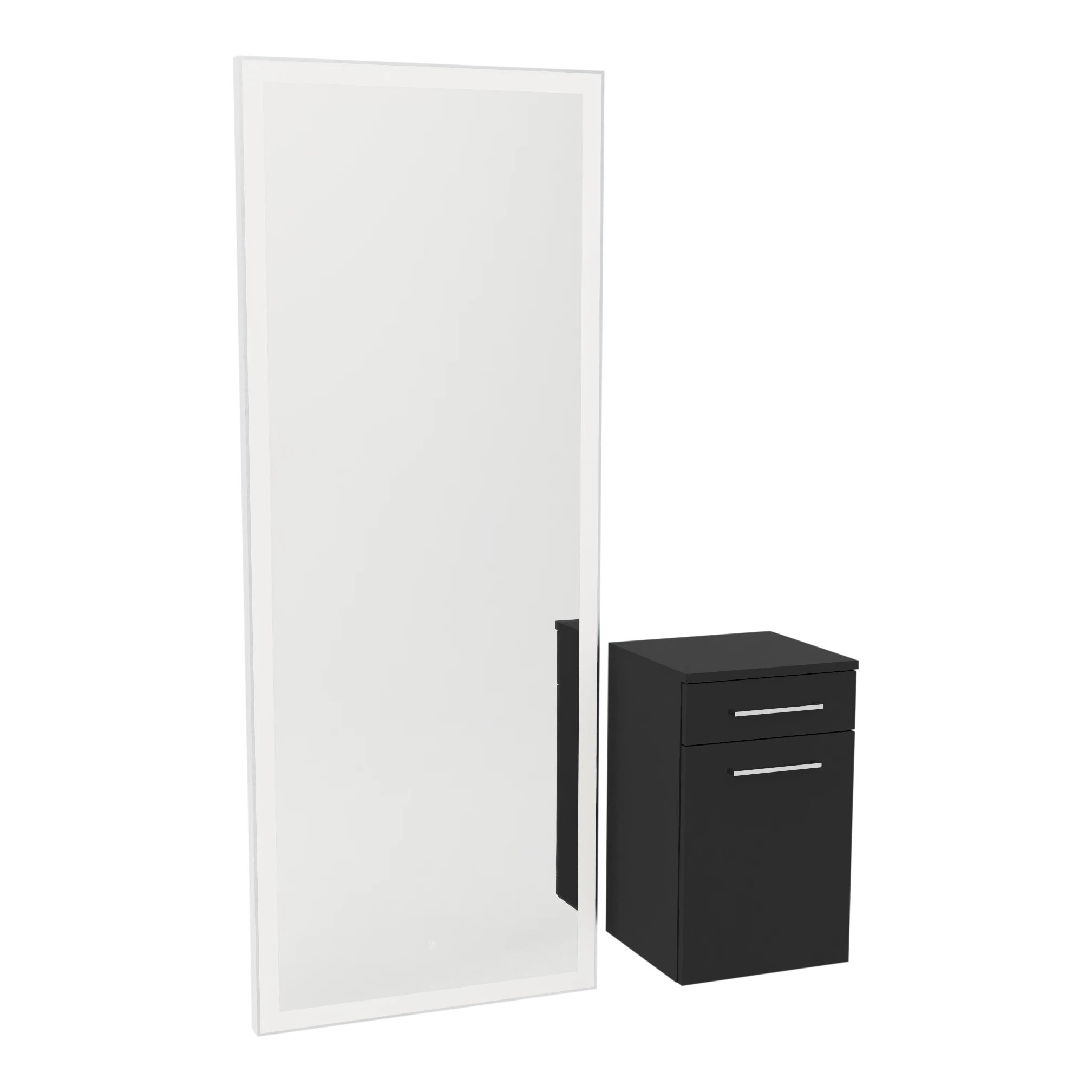 Glo Wall Mount Styling Station with Tilt-out Appliance Holder and Silver Full-Length Rectangle Glo Mirror