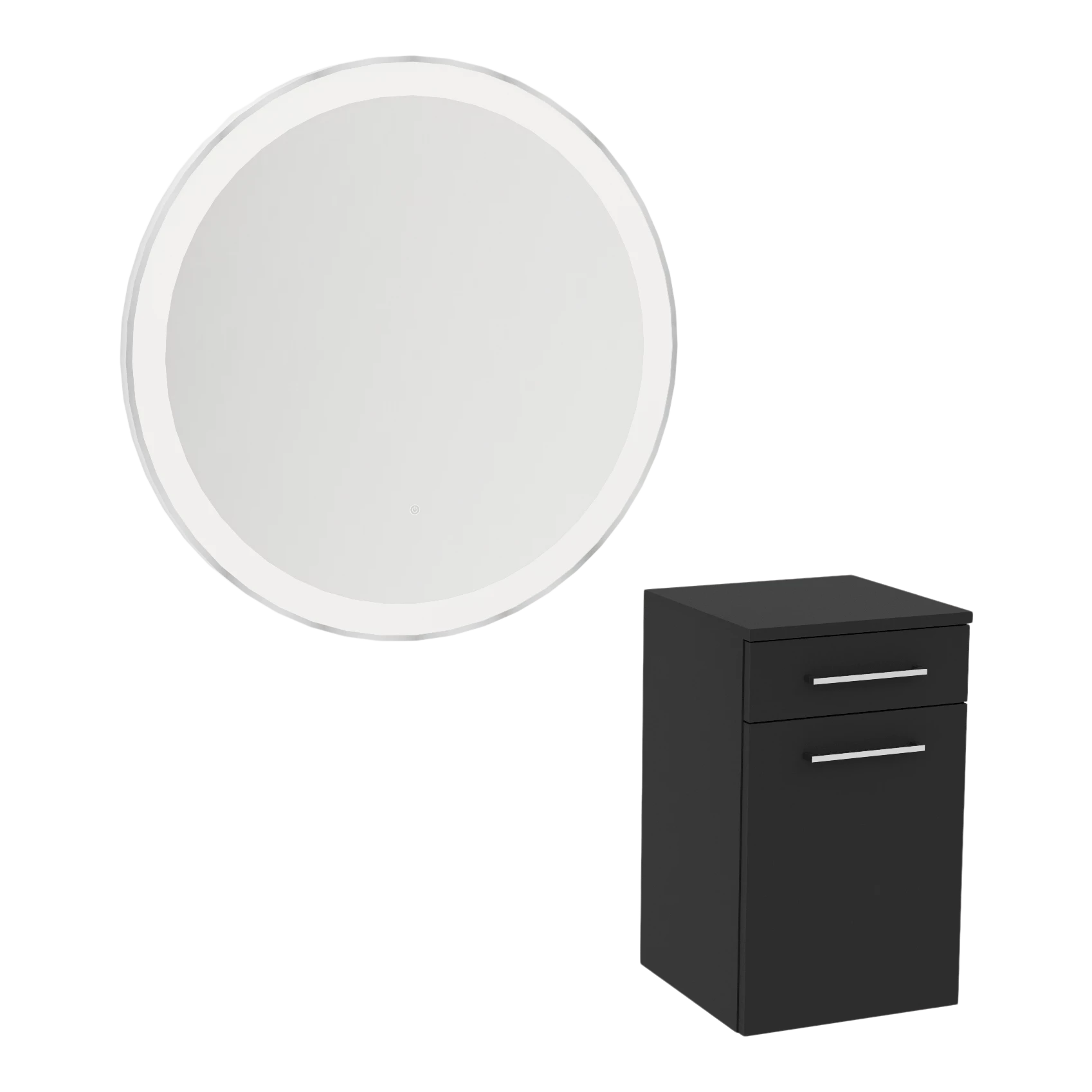 Glo Wall Mount Styling Station with Tilt-out Appliance Holder and Silver Round Glo Mirror