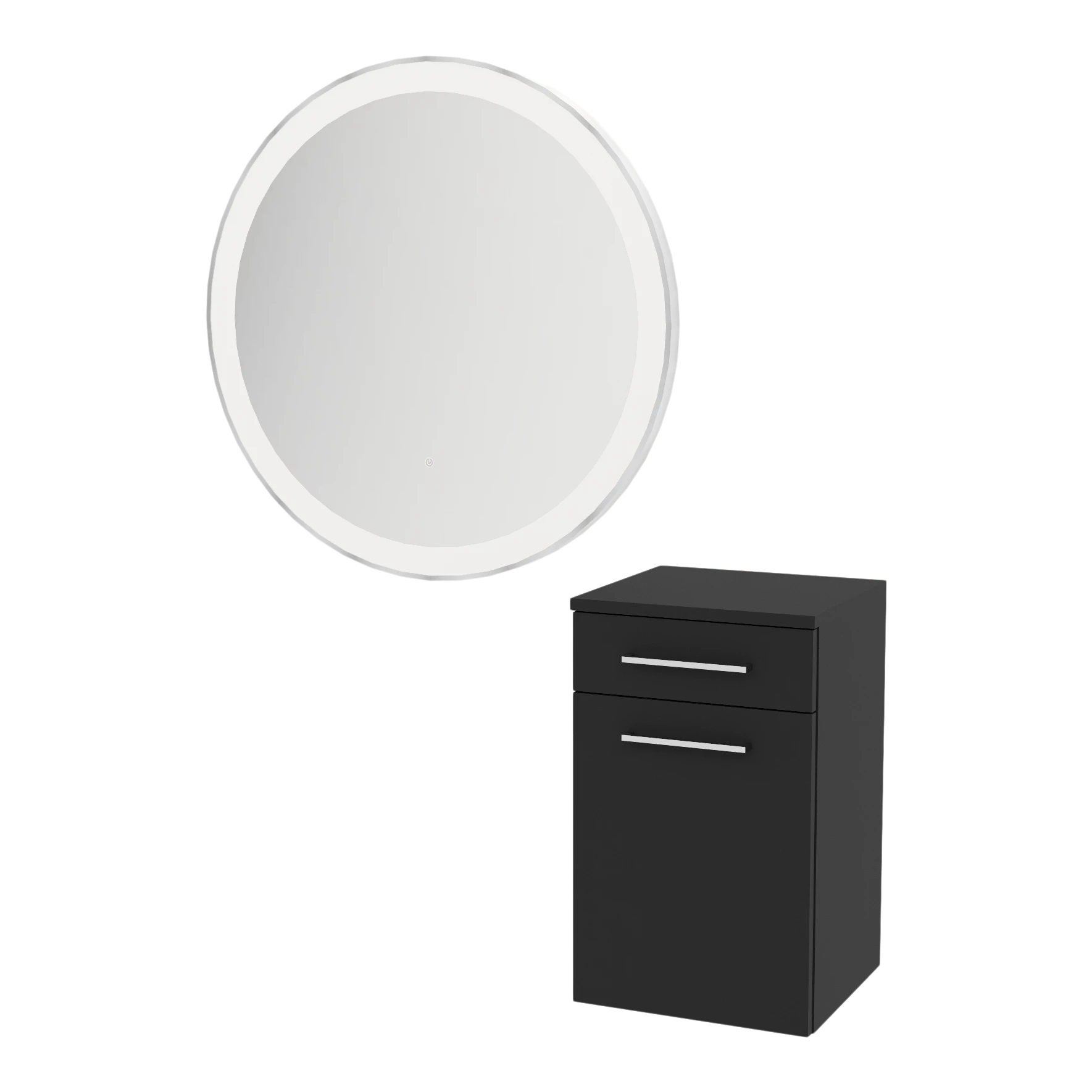 Glo Wall Mount Styling Station with Tilt-out Appliance Holder and Silver Round Glo Mirror