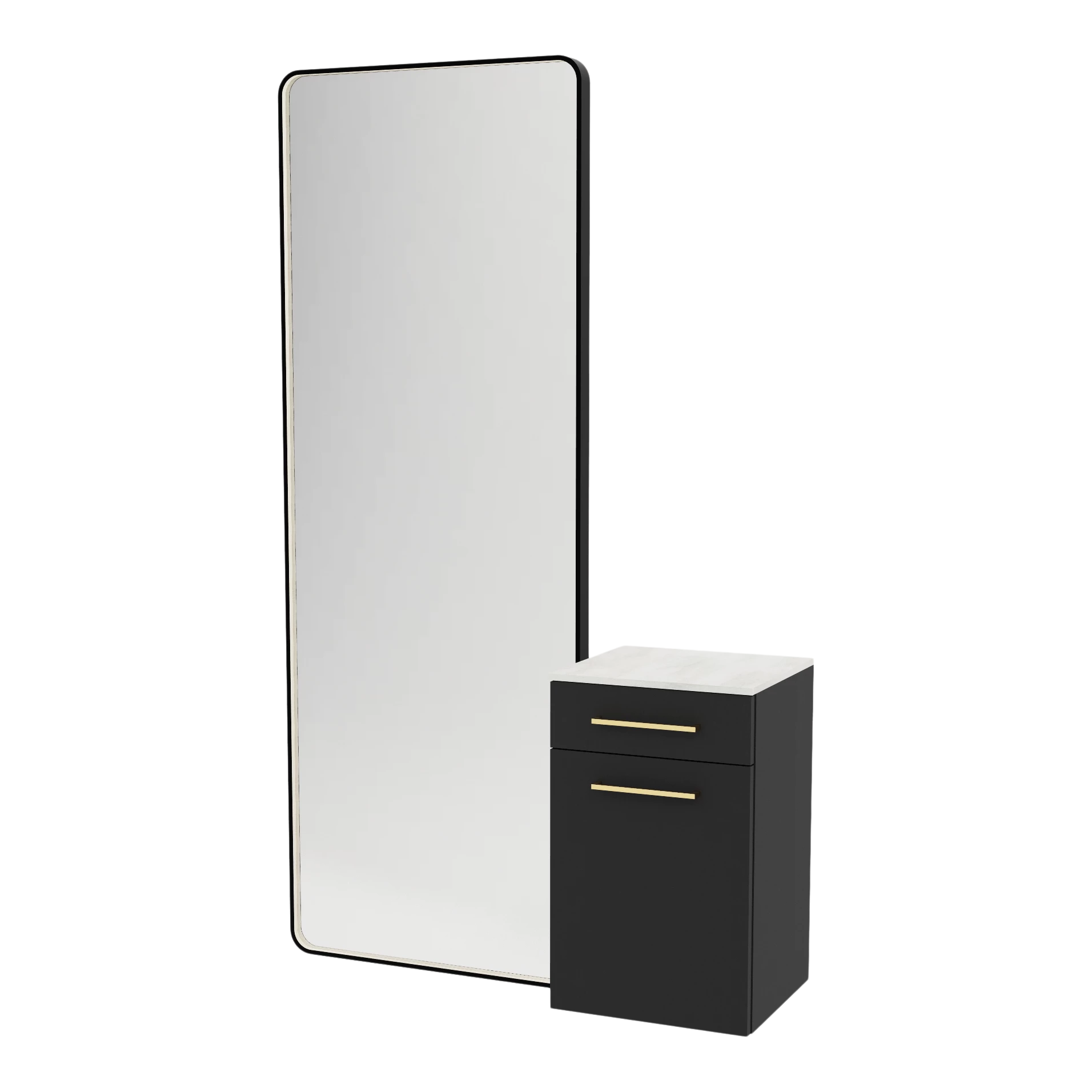 Glo Wall Mount Styling Station with Tilt-out Appliance Holder, Solid Surface Countertop, and Black Full-Length Rectangle Westin Mirror