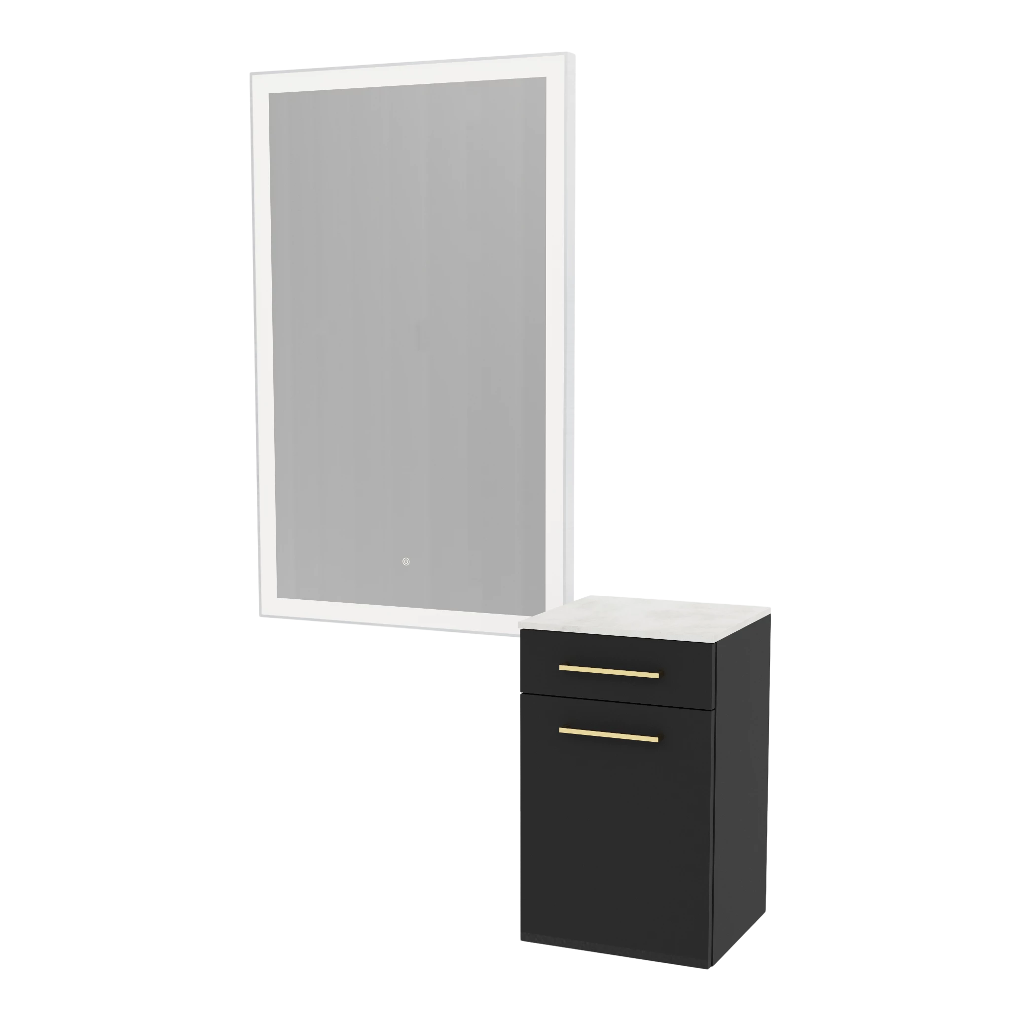 Glo Wall Mount Styling Station with Tilt-out Appliance Holder, Solid Surface Countertop, and Silver Rectangle Glo Mirror