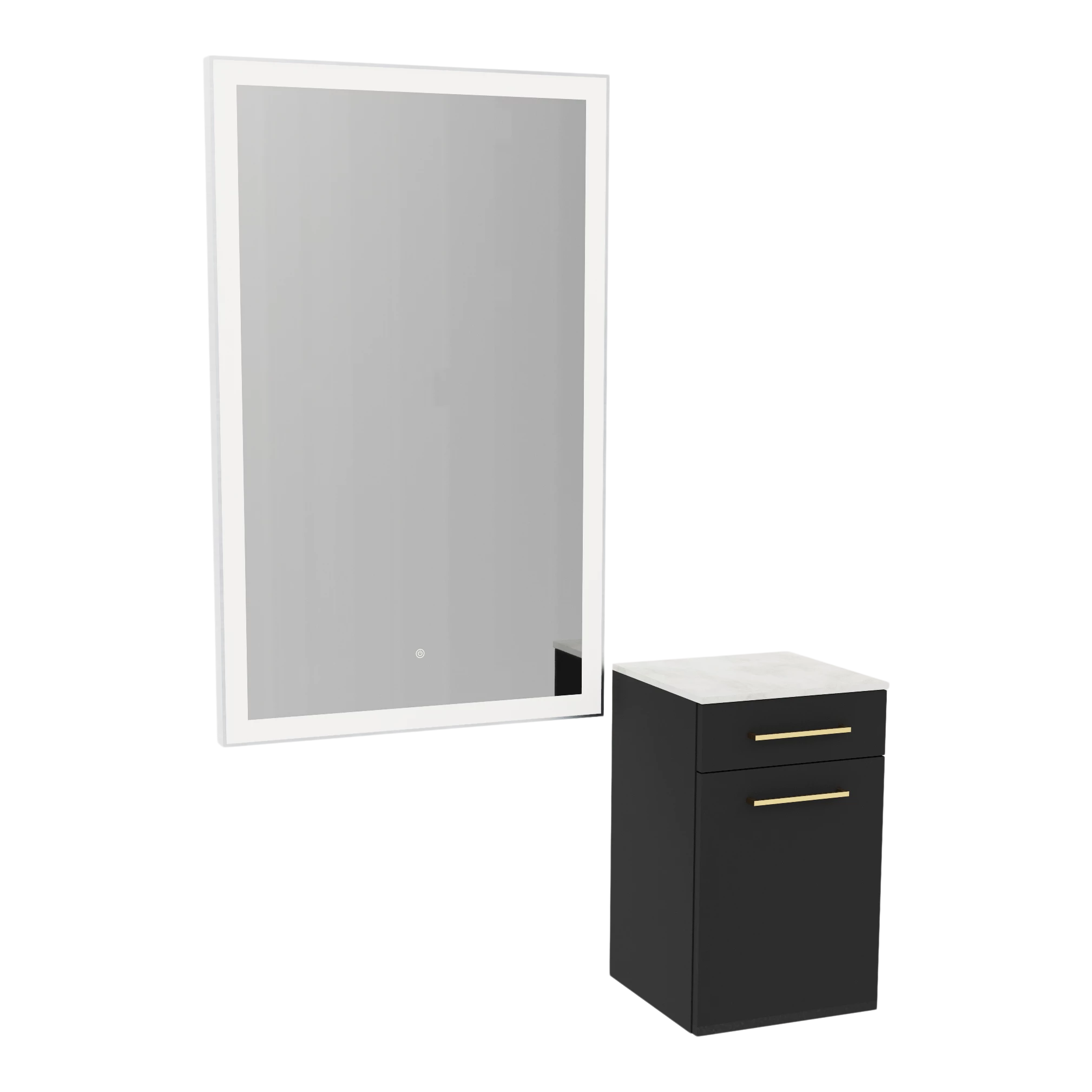 Glo Wall Mount Styling Station with Tilt-out Appliance Holder, Solid Surface Countertop, and Silver Rectangle Glo Mirror
