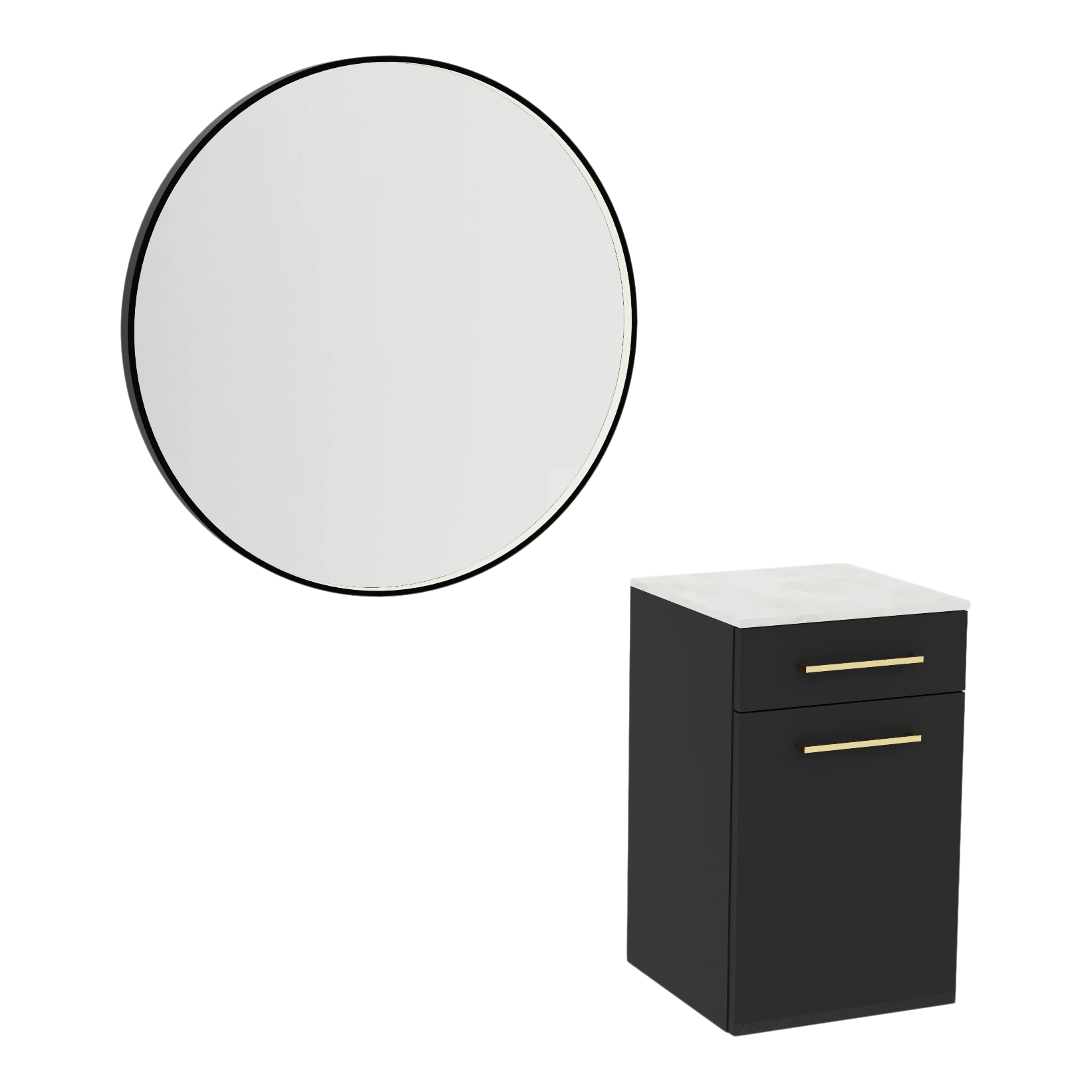 Glo Wall Mount Styling Station with Tilt-out Appliance Holder, Solid Surface Countertop, and Black Round Westin Mirror