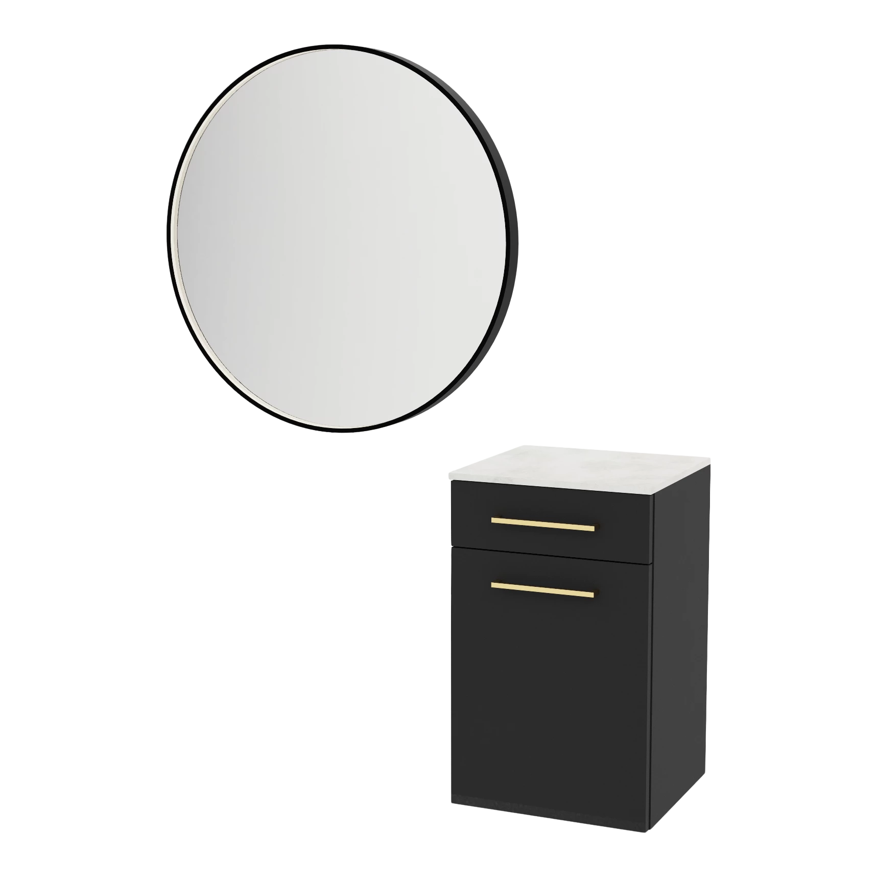 Glo Wall Mount Styling Station with Tilt-out Appliance Holder, Solid Surface Countertop, and Black Round Westin Mirror