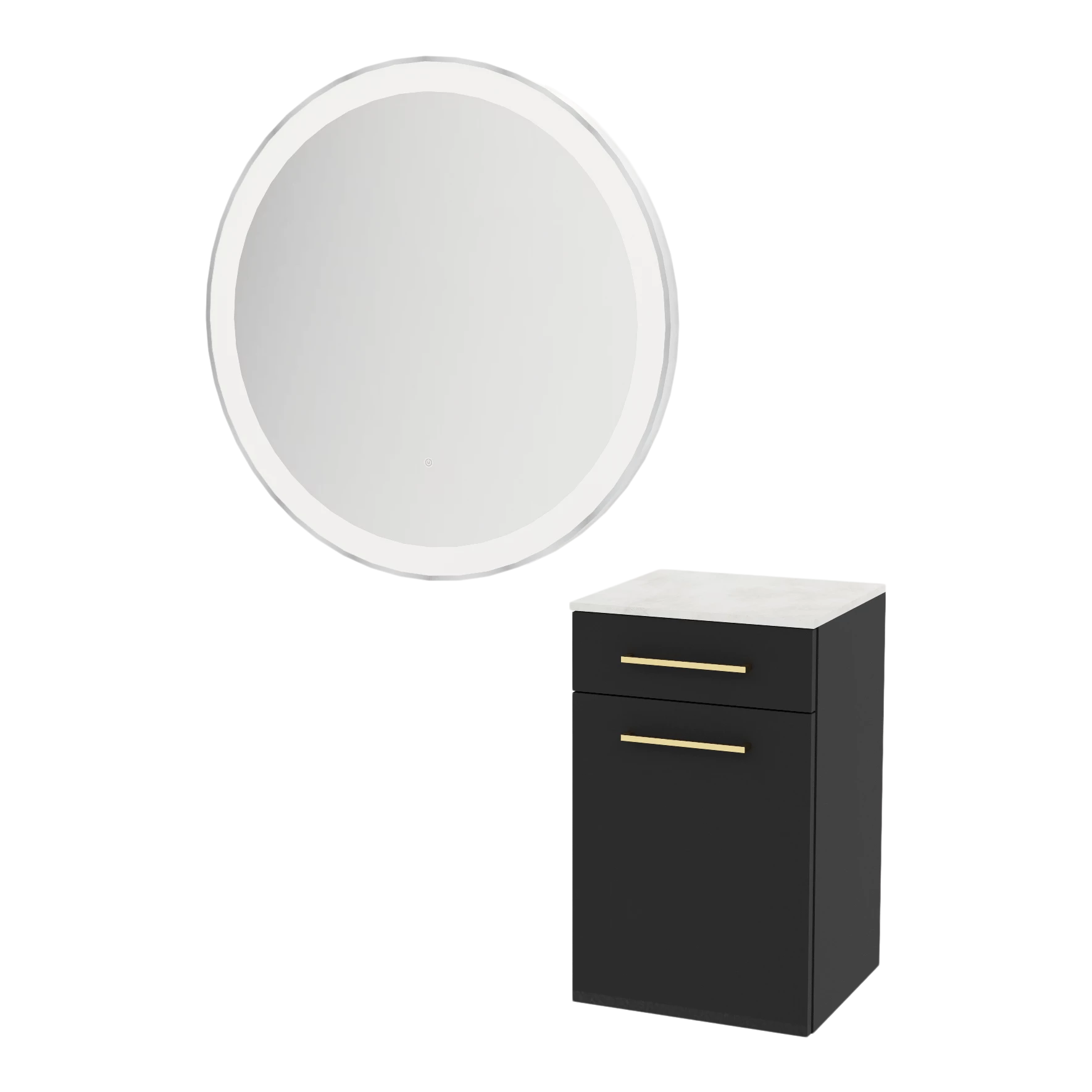 Glo Wall Mount Styling Station with Tilt-out Appliance Holder, Solid Surface Countertop, and Silver Round Glo Mirror