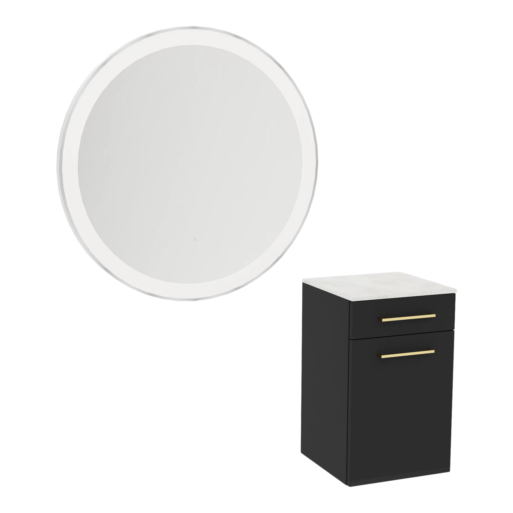 Glo Wall Mount Styling Station with Tilt-out Appliance Holder, Solid Surface Countertop, and Silver Round Glo Mirror