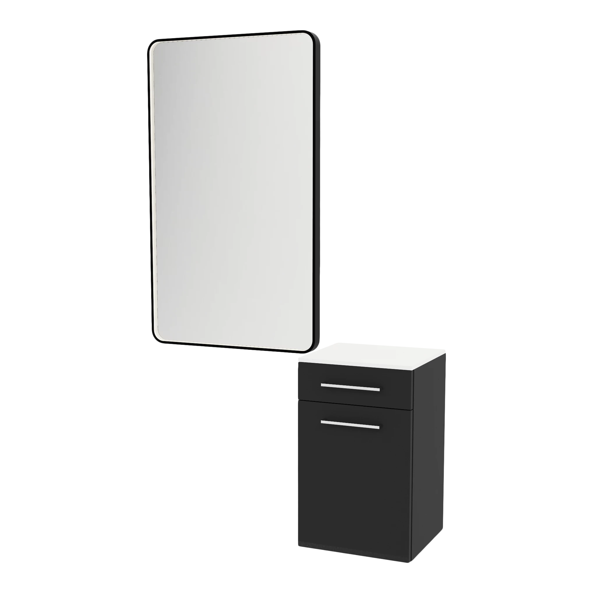 Glo Laminate Wall Mount Styling Station with Solid Surface Countertop, Tilt-Out Appliance Holder, and Westin Rectangle Mirror