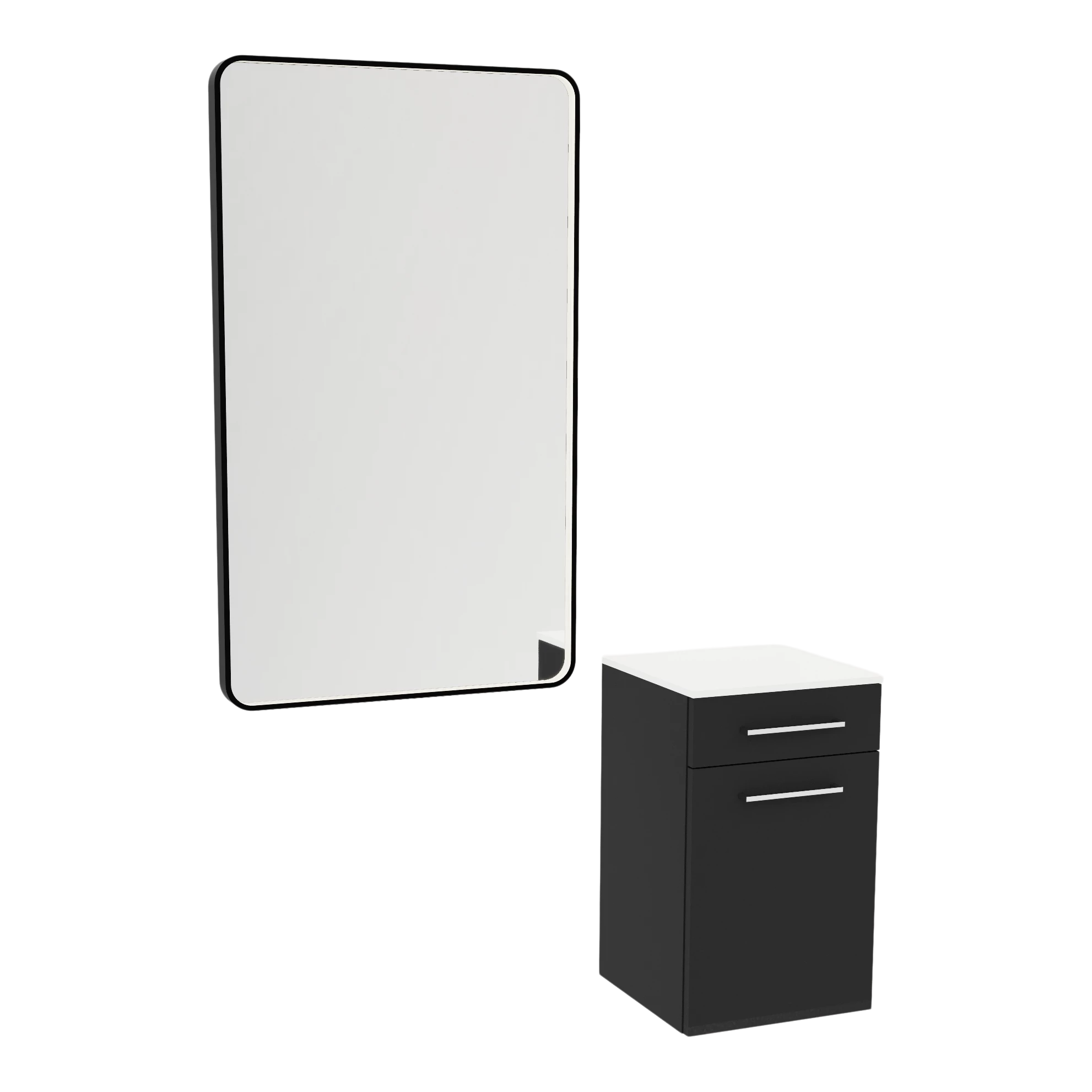 Glo Laminate Wall Mount Styling Station with Solid Surface Countertop, Tilt-Out Appliance Holder, and Westin Rectangle Mirror