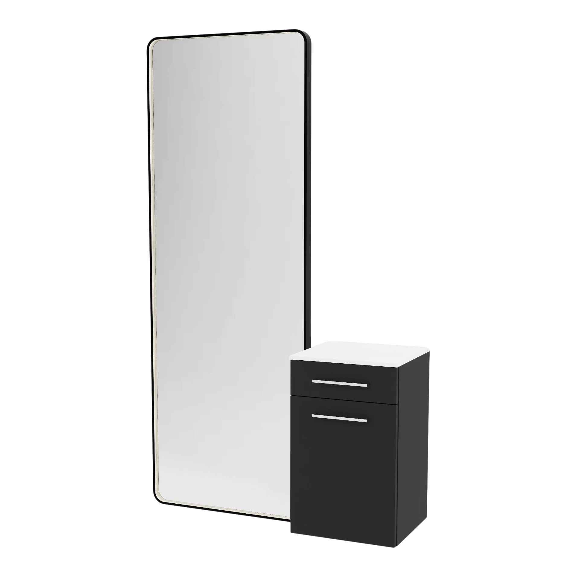 Glo Wall Mount Styling Station with Tilt-out Appliance Holder, Solid Surface Countertop, and Black Full-Length Rectangle Westin Mirror