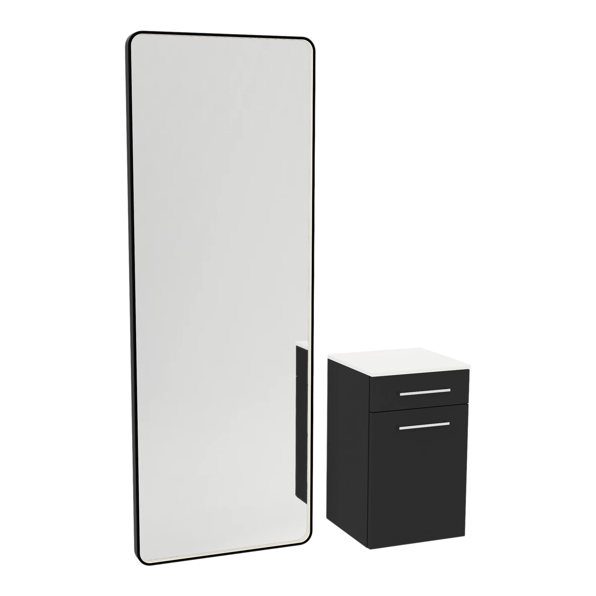 Glo Wall Mount Styling Station with Tilt-out Appliance Holder, Solid Surface Countertop, and Black Full-Length Rectangle Westin Mirror