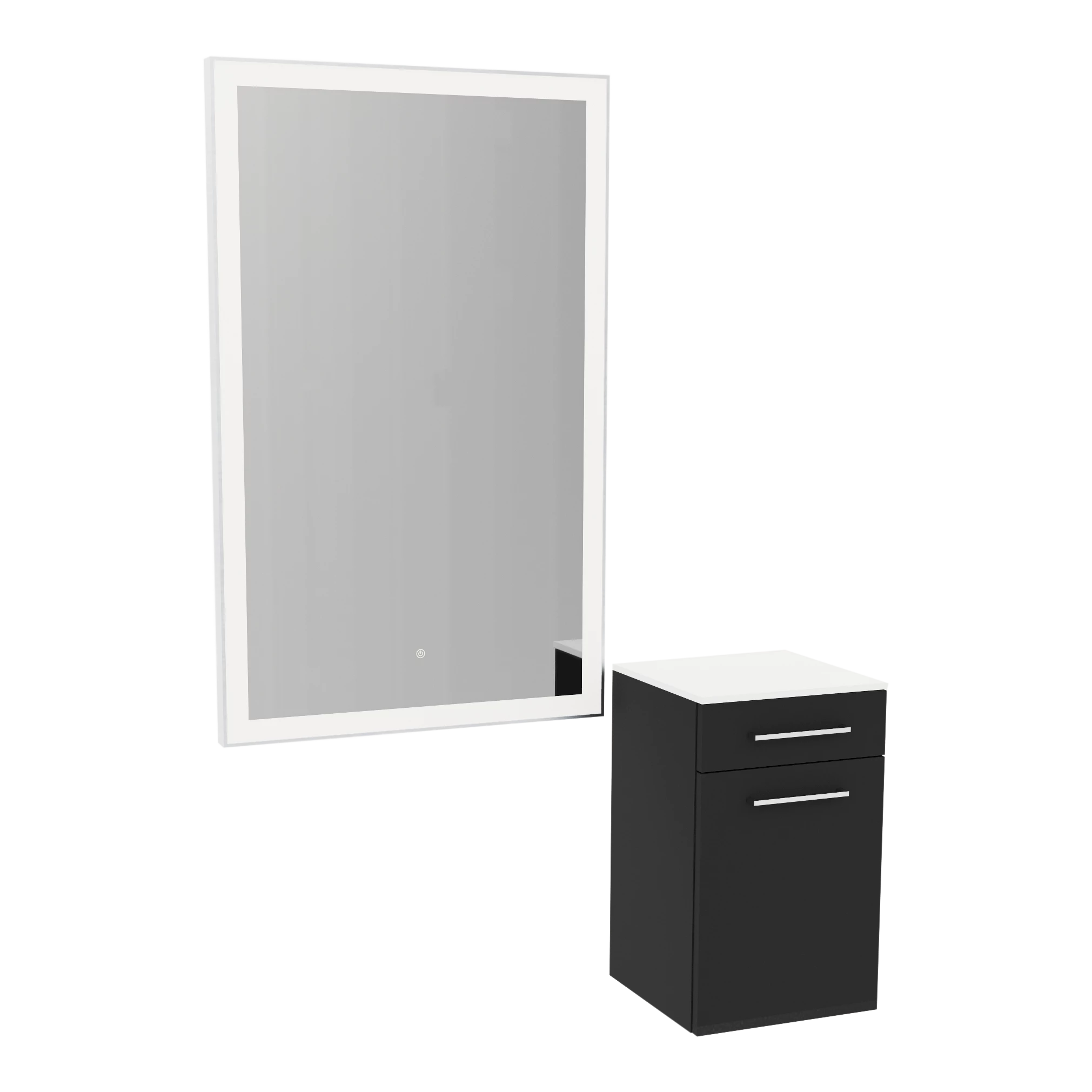 Glo Wall Mount Styling Station with Tilt-out Appliance Holder, Solid Surface Countertop, and Silver Rectangle Glo Mirror