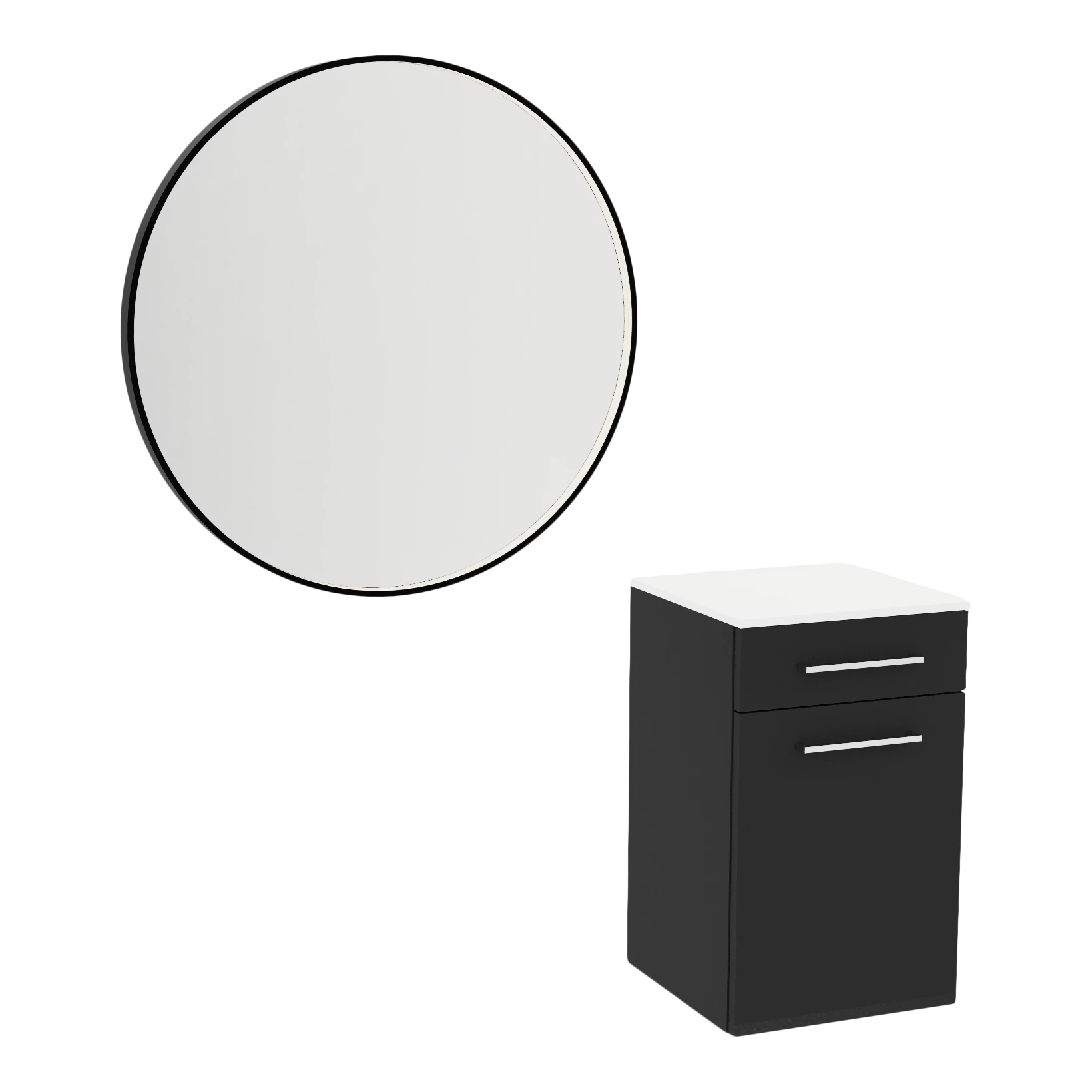 Glo Wall Mount Styling Station with Tilt-out Appliance Holder, Solid Surface Countertop, and Black Round Westin Mirror