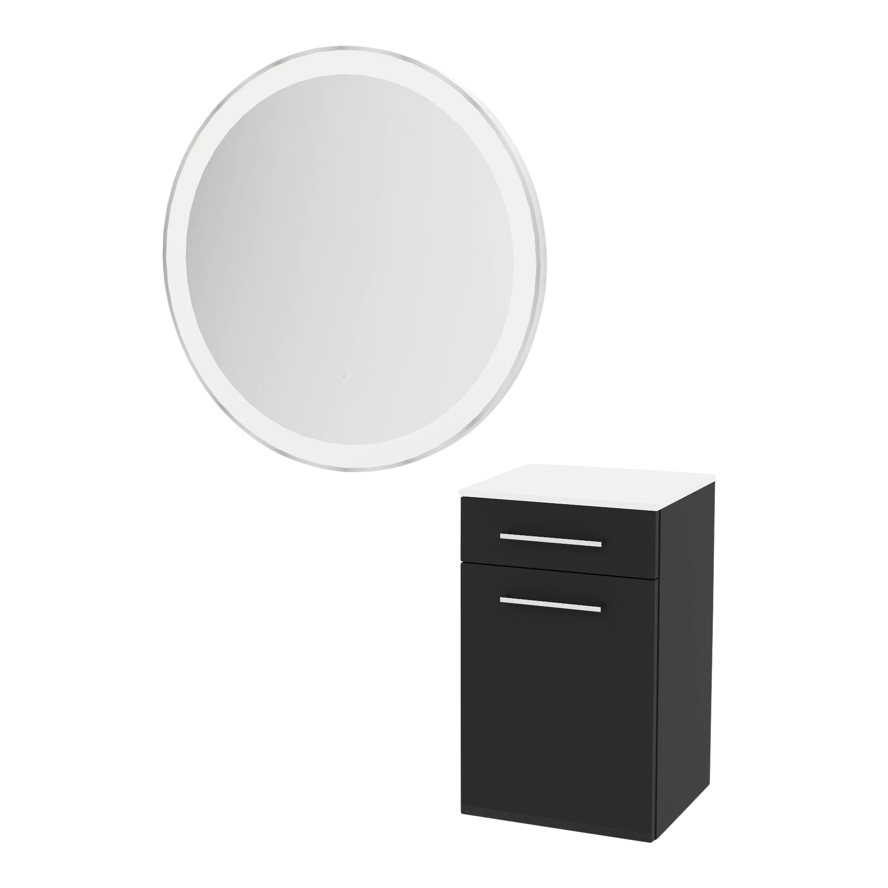 Glo Wall Mount Styling Station with Tilt-out Appliance Holder, Solid Surface Countertop, and Silver Round Glo Mirror