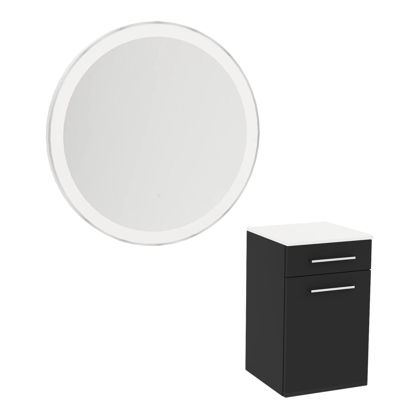 Glo Wall Mount Styling Station with Tilt-out Appliance Holder, Solid Surface Countertop, and Silver Round Glo Mirror