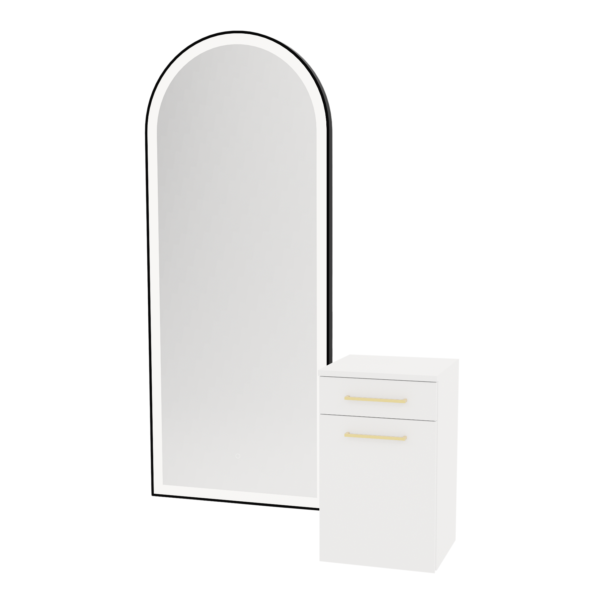 Glo Wall Mount Styling Station with Tilt-out Appliance Holder and Black Full-Length Arch Paloma Mirror