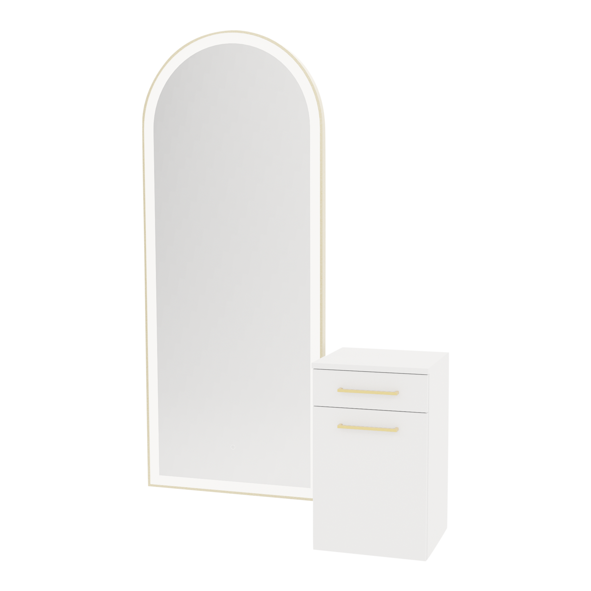 Glo Wall Mount Styling Station with Tilt-out Appliance Holder and Gold Full-Length Arch Paloma Mirror