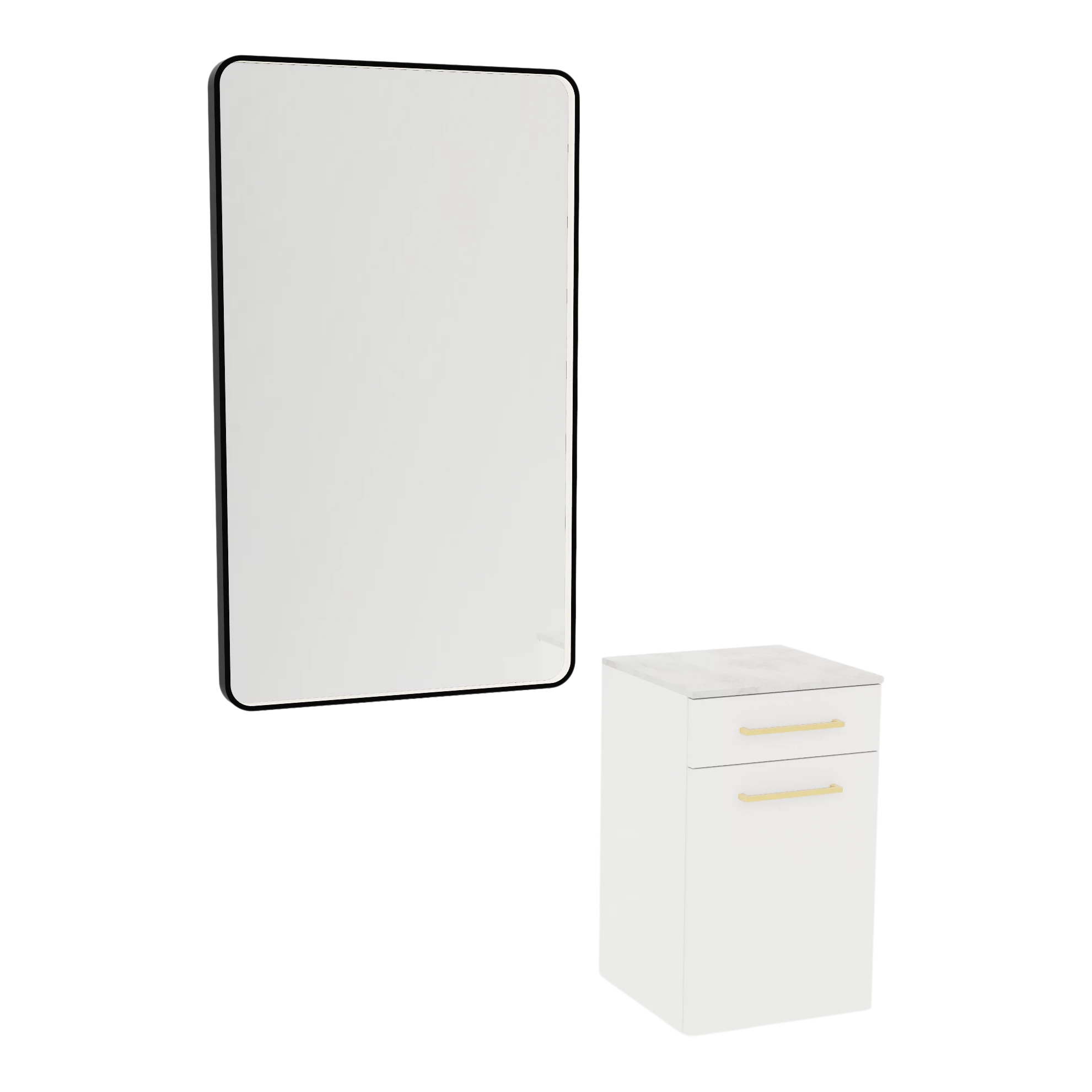 Glo Laminate Wall Mount Styling Station with Solid Surface Countertop, Tilt-Out Appliance Holder, and Westin Rectangle Mirror