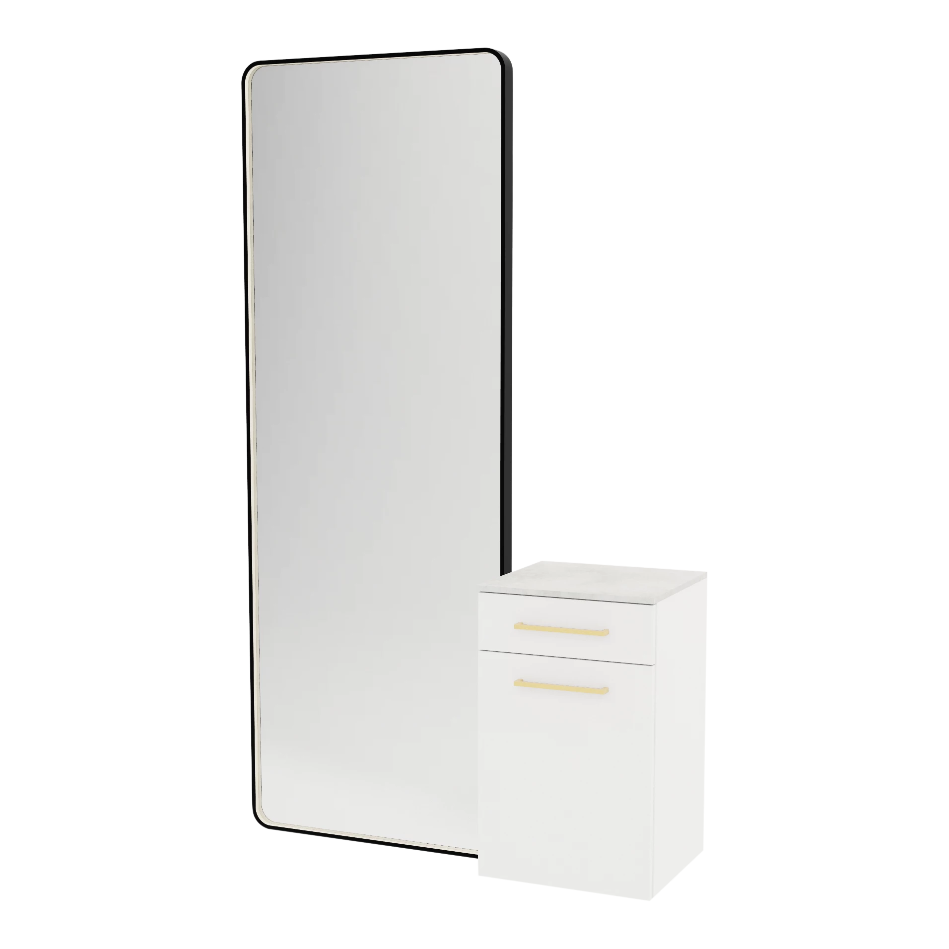 Glo Wall Mount Styling Station with Tilt-out Appliance Holder, Solid Surface Countertop, and Black Full-Length Rectangle Westin Mirror