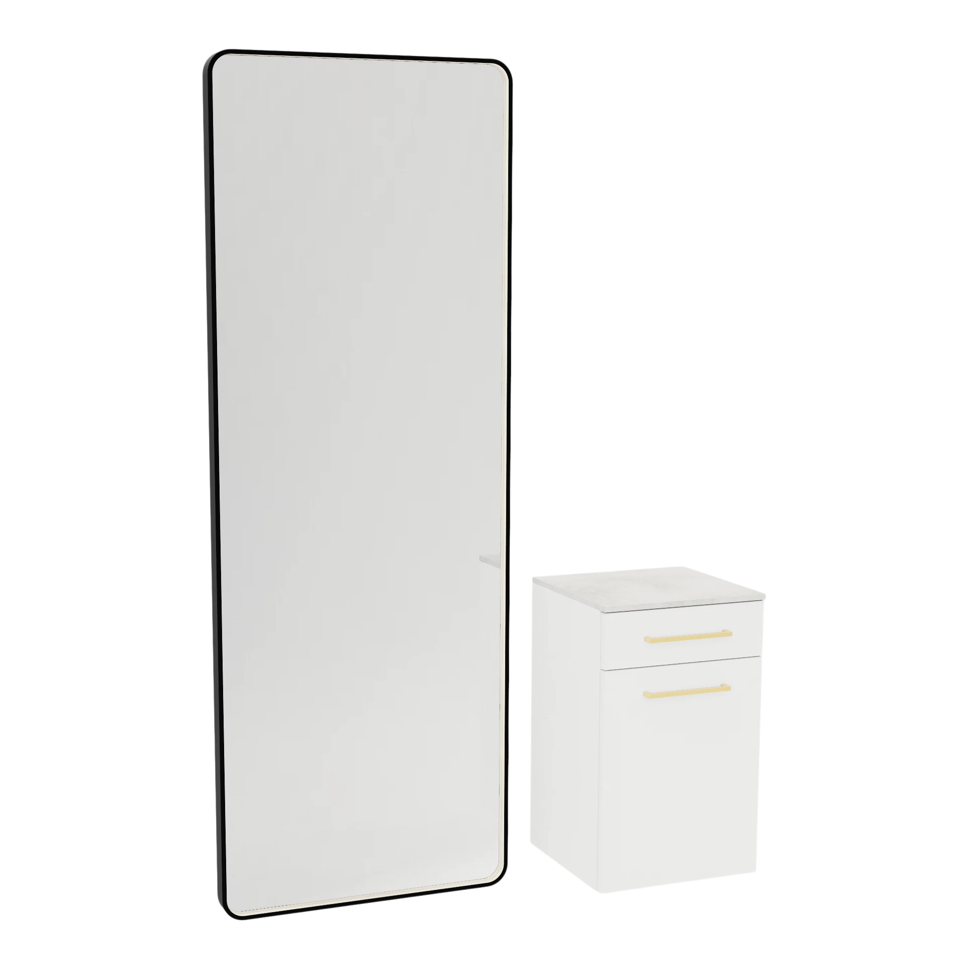 Glo Wall Mount Styling Station with Tilt-out Appliance Holder, Solid Surface Countertop, and Black Full-Length Rectangle Westin Mirror