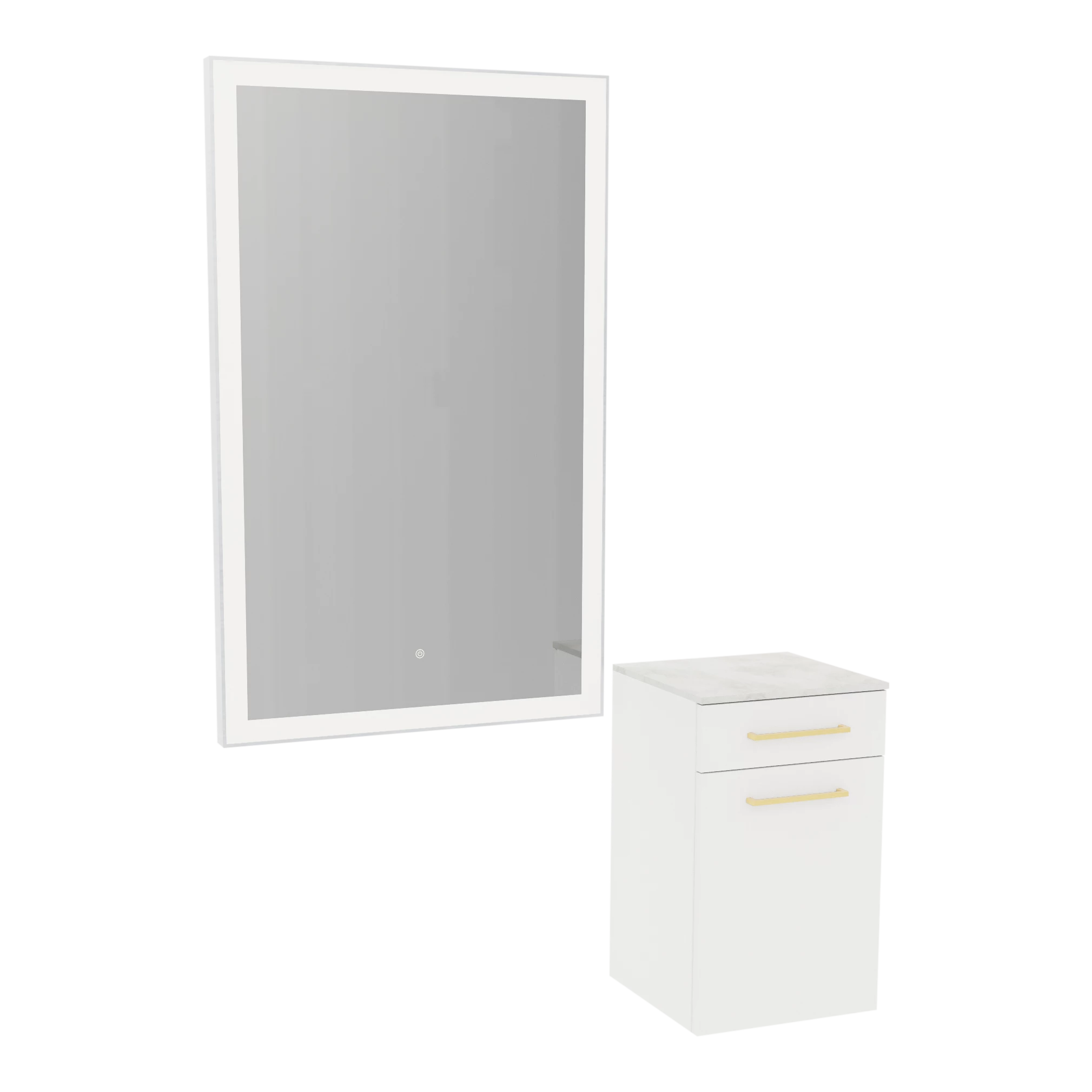 Glo Wall Mount Styling Station with Tilt-out Appliance Holder, Solid Surface Countertop, and Silver Rectangle Glo Mirror