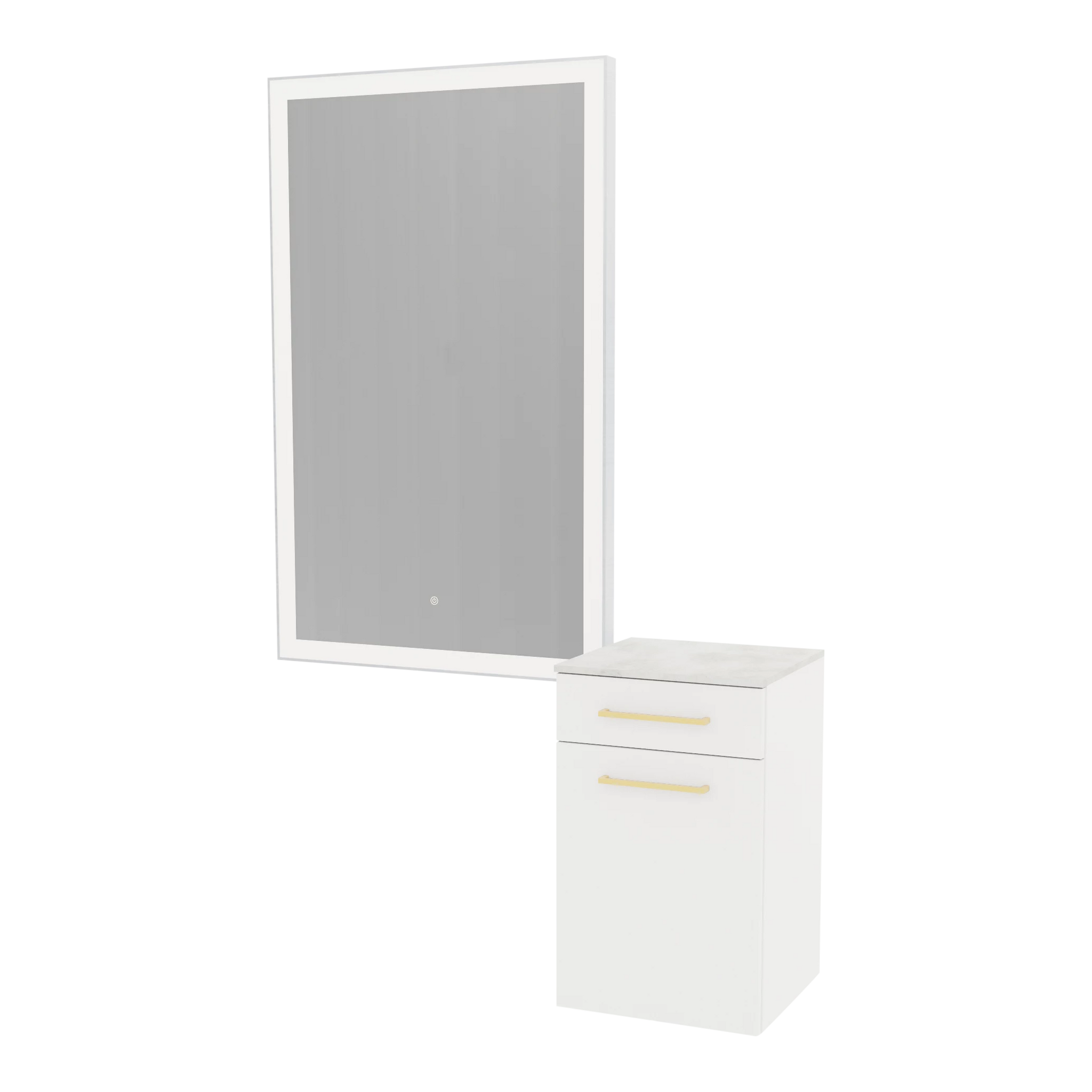 Glo Wall Mount Styling Station with Tilt-out Appliance Holder, Solid Surface Countertop, and Silver Rectangle Glo Mirror