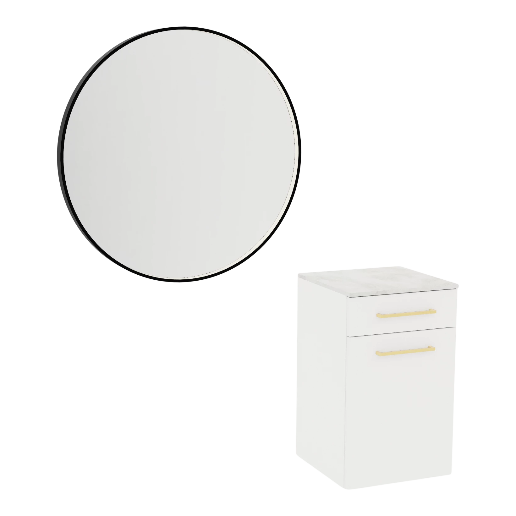 Glo Wall Mount Styling Station with Tilt-out Appliance Holder, Solid Surface Countertop, and Black Round Westin Mirror
