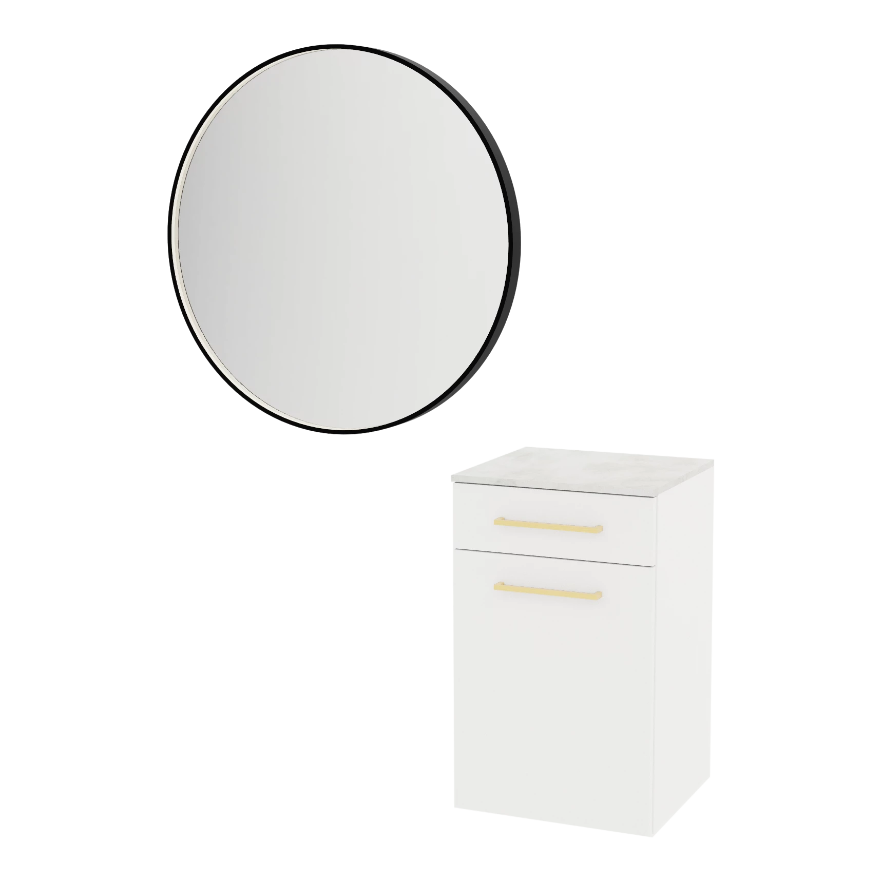Glo Wall Mount Styling Station with Tilt-out Appliance Holder, Solid Surface Countertop, and Black Round Westin Mirror