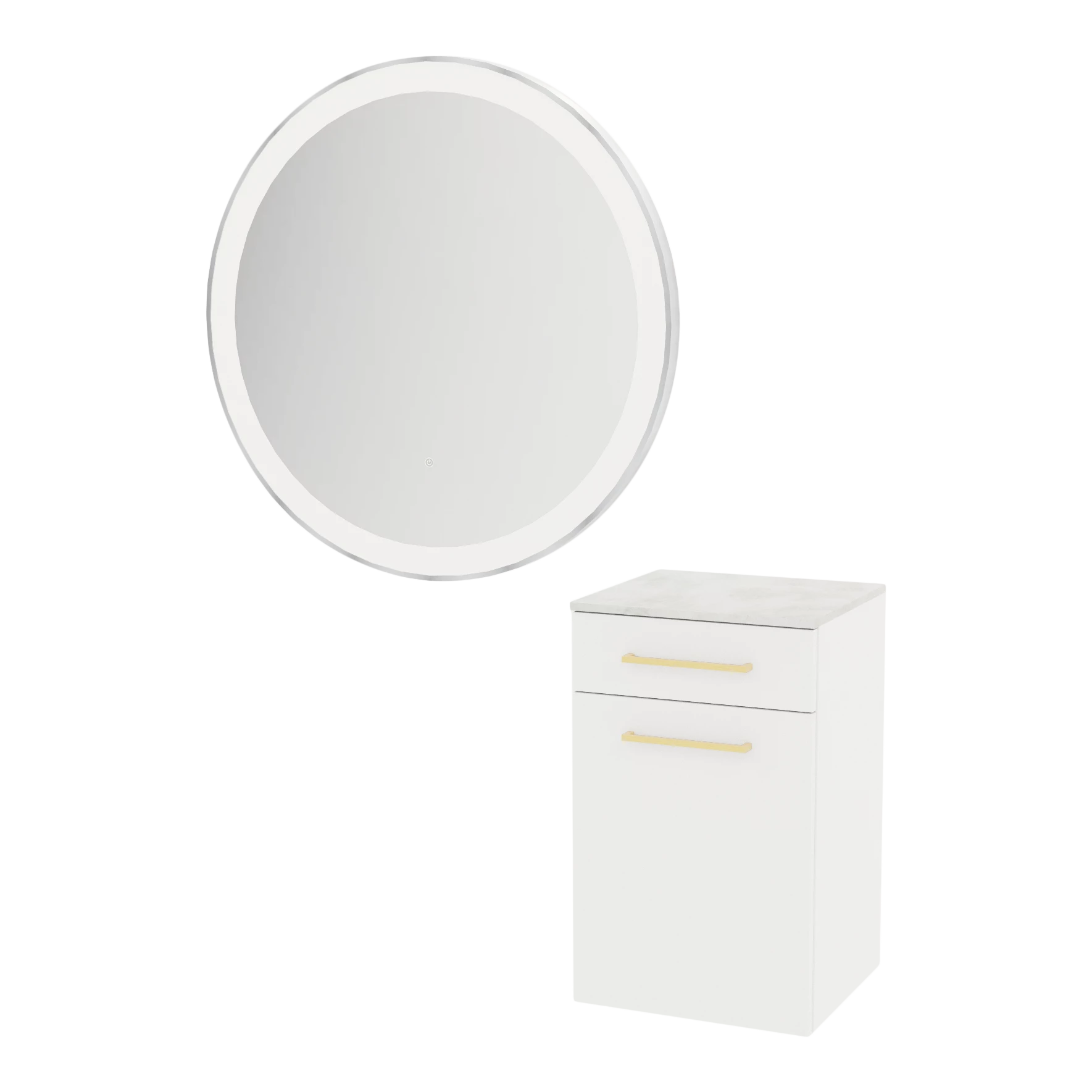 Glo Wall Mount Styling Station with Tilt-out Appliance Holder, Solid Surface Countertop, and Silver Round Glo Mirror