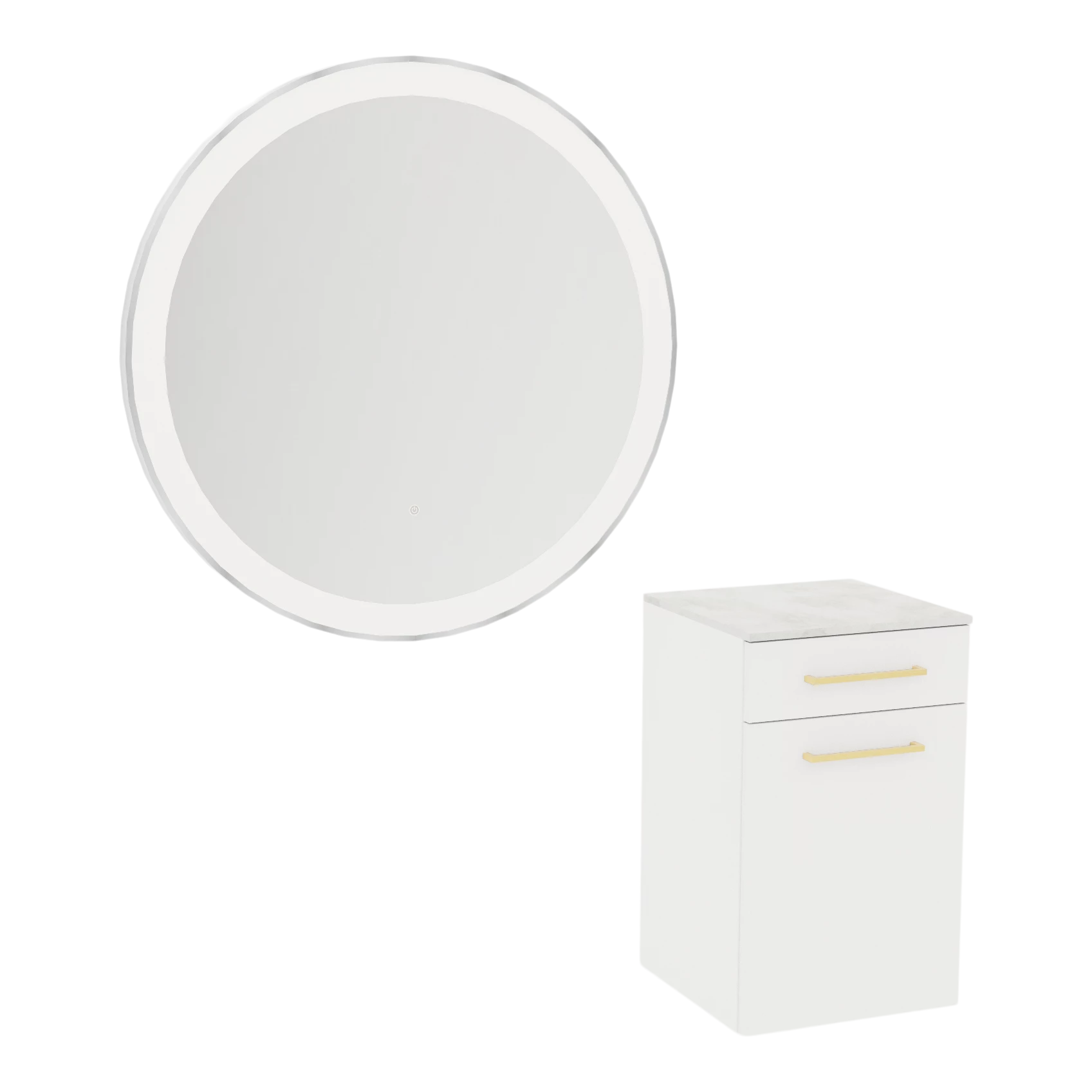 Glo Wall Mount Styling Station with Tilt-out Appliance Holder, Solid Surface Countertop, and Silver Round Glo Mirror