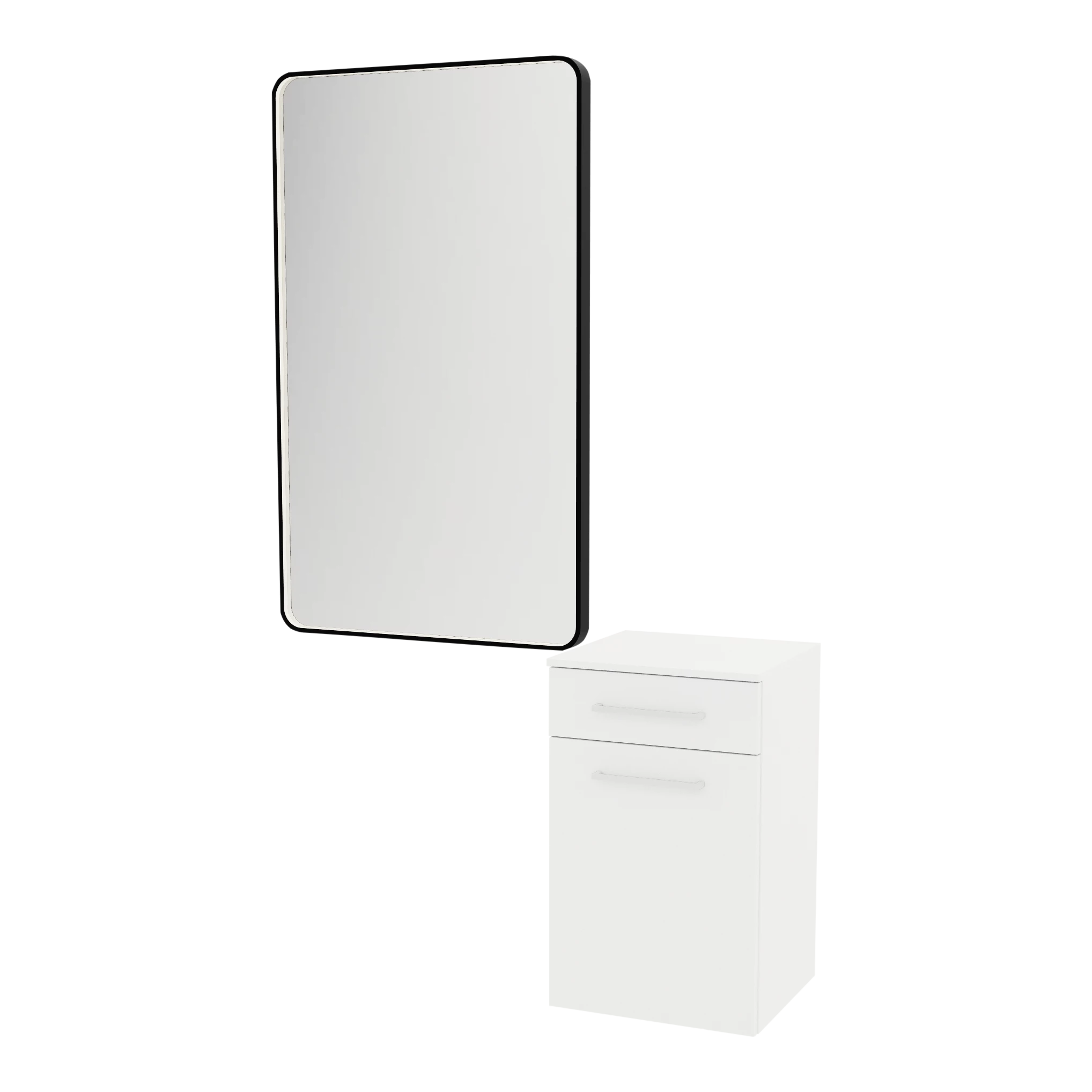 Glo Laminate Wall Mount Styling Station with Solid Surface Countertop, Tilt-Out Appliance Holder, and Westin Rectangle Mirror