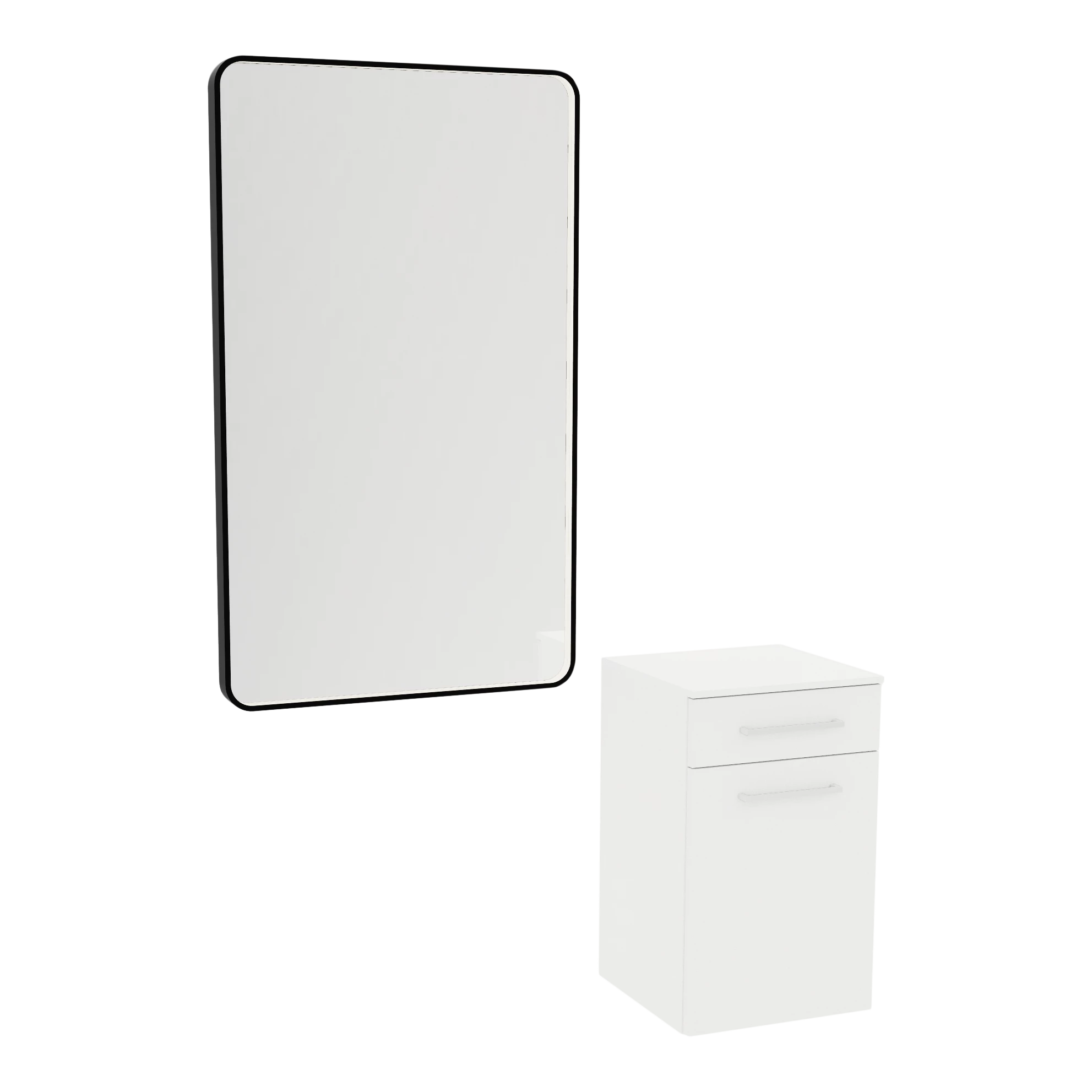 Glo Laminate Wall Mount Styling Station with Solid Surface Countertop, Tilt-Out Appliance Holder, and Westin Rectangle Mirror