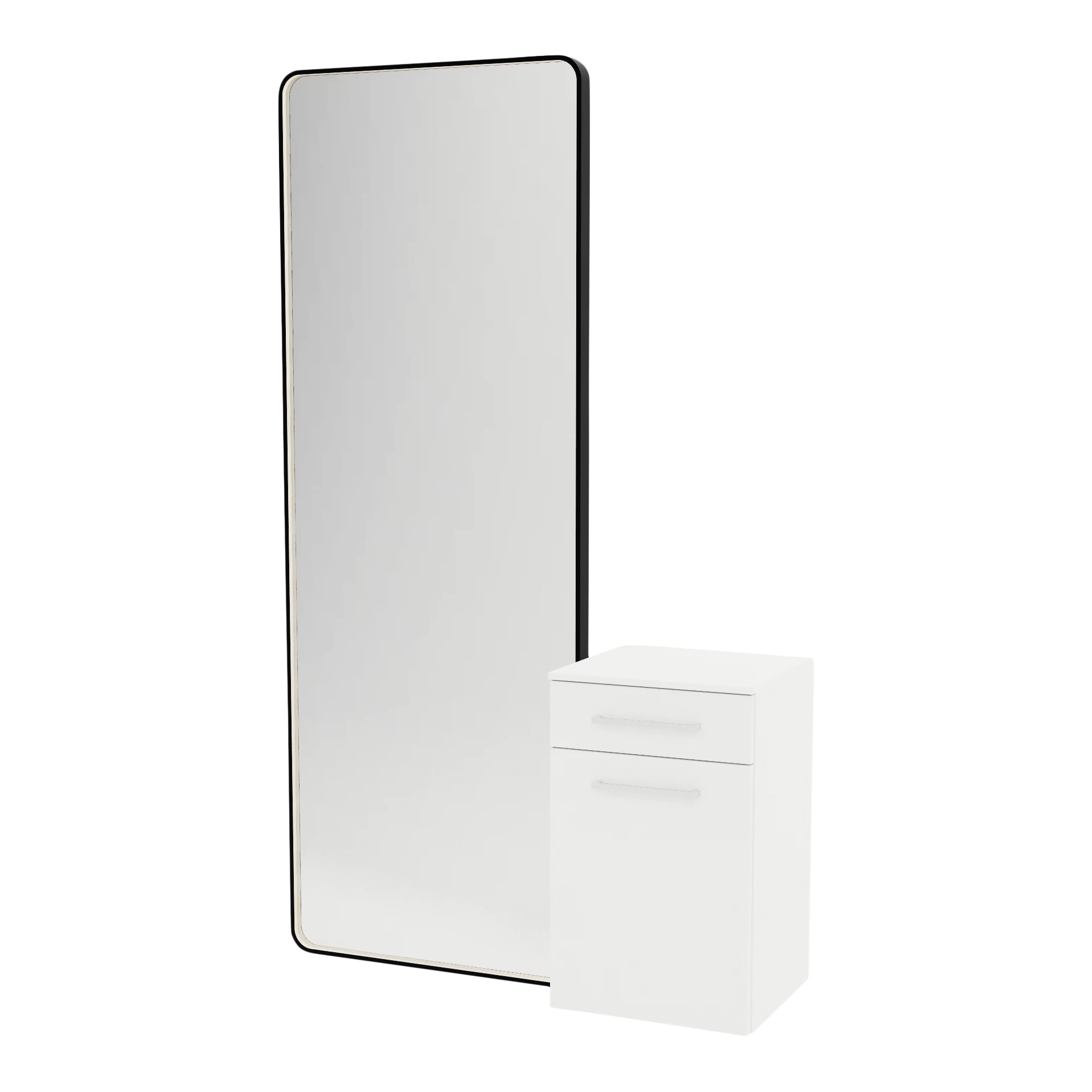 Glo Wall Mount Styling Station with Tilt-out Appliance Holder, Solid Surface Countertop, and Black Full-Length Rectangle Westin Mirror