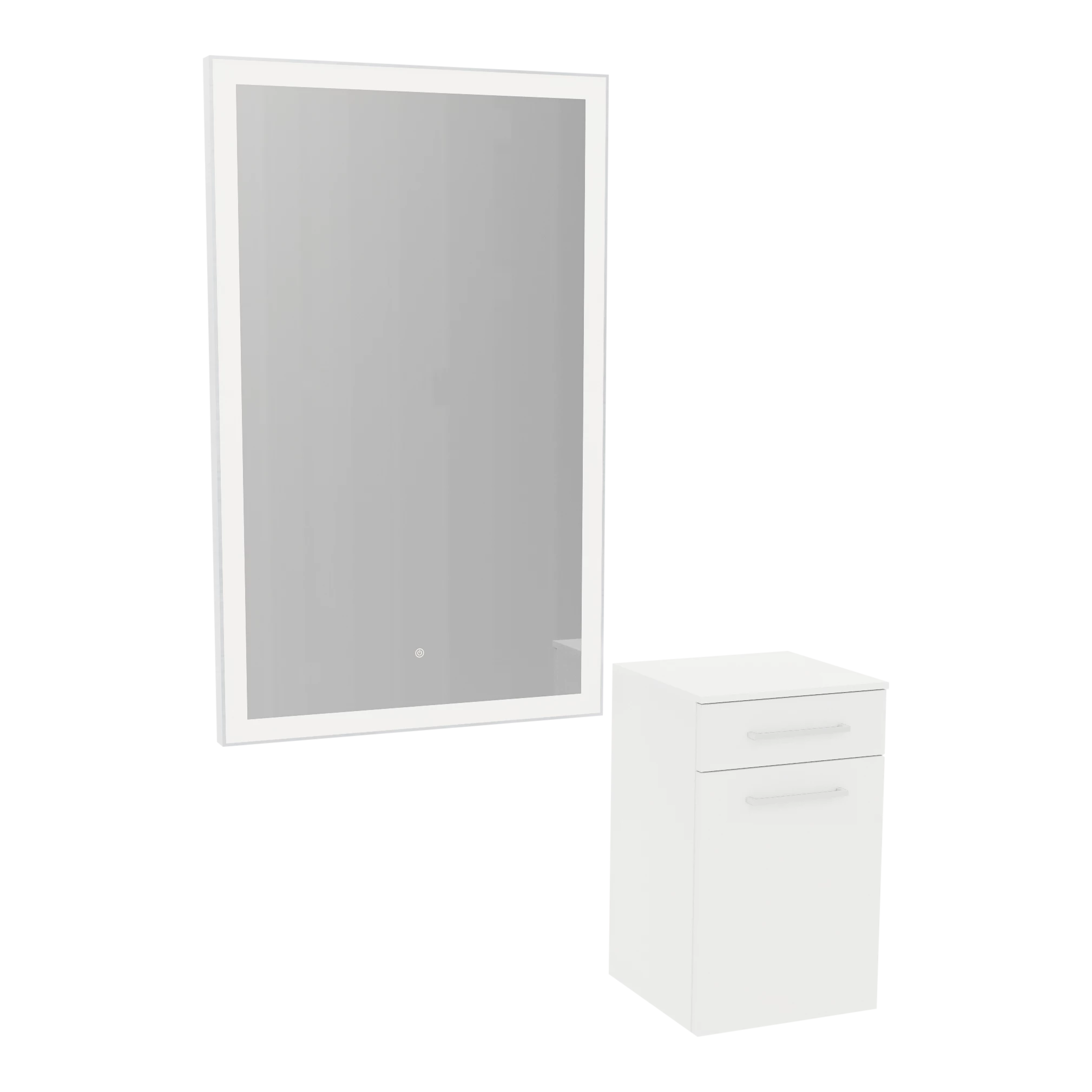 Glo Wall Mount Styling Station with Tilt-out Appliance Holder, Solid Surface Countertop, and Silver Rectangle Glo Mirror
