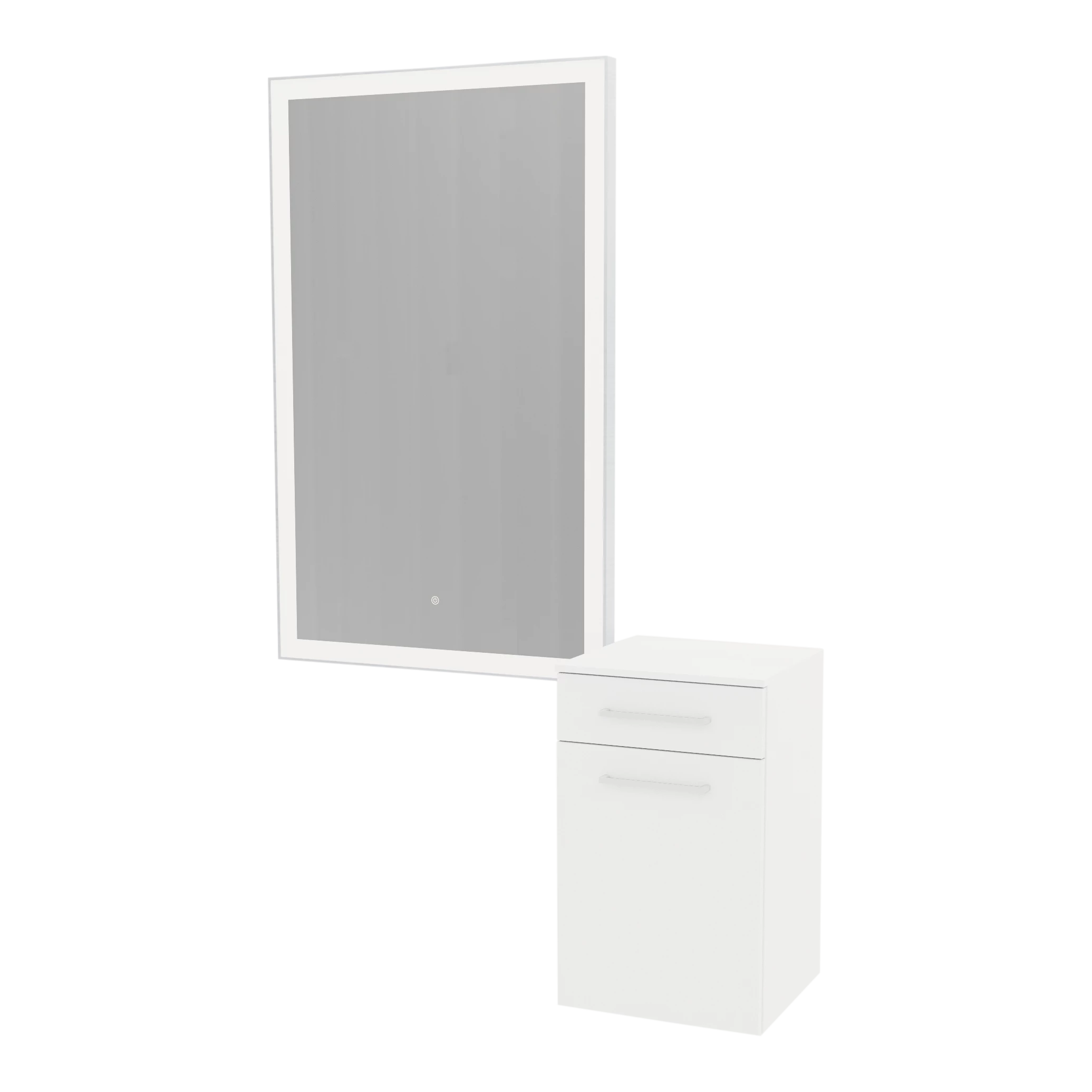 Glo Wall Mount Styling Station with Tilt-out Appliance Holder, Solid Surface Countertop, and Silver Rectangle Glo Mirror