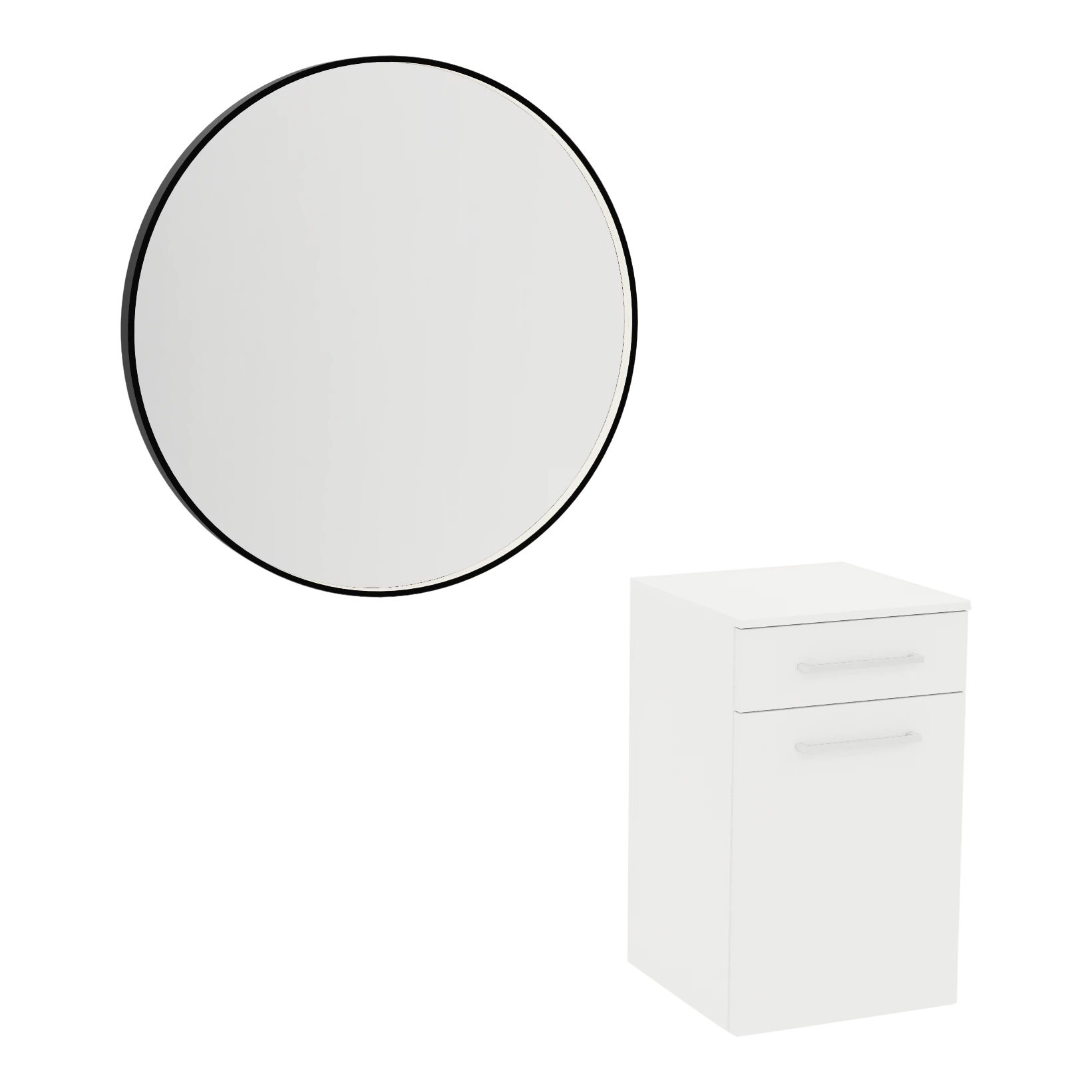 Glo Wall Mount Styling Station with Tilt-out Appliance Holder, Solid Surface Countertop, and Black Round Westin Mirror
