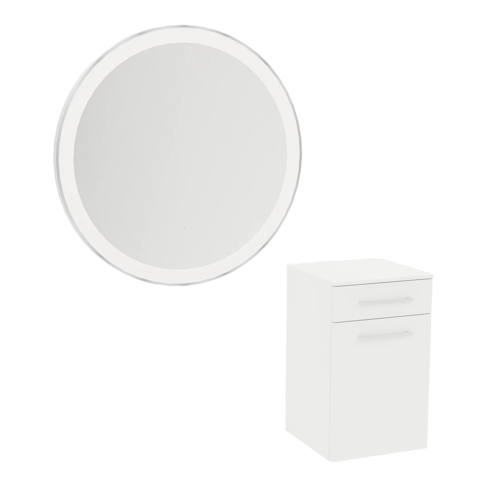 Glo Wall Mount Styling Station with Tilt-out Appliance Holder, Solid Surface Countertop, and Silver Round Glo Mirror
