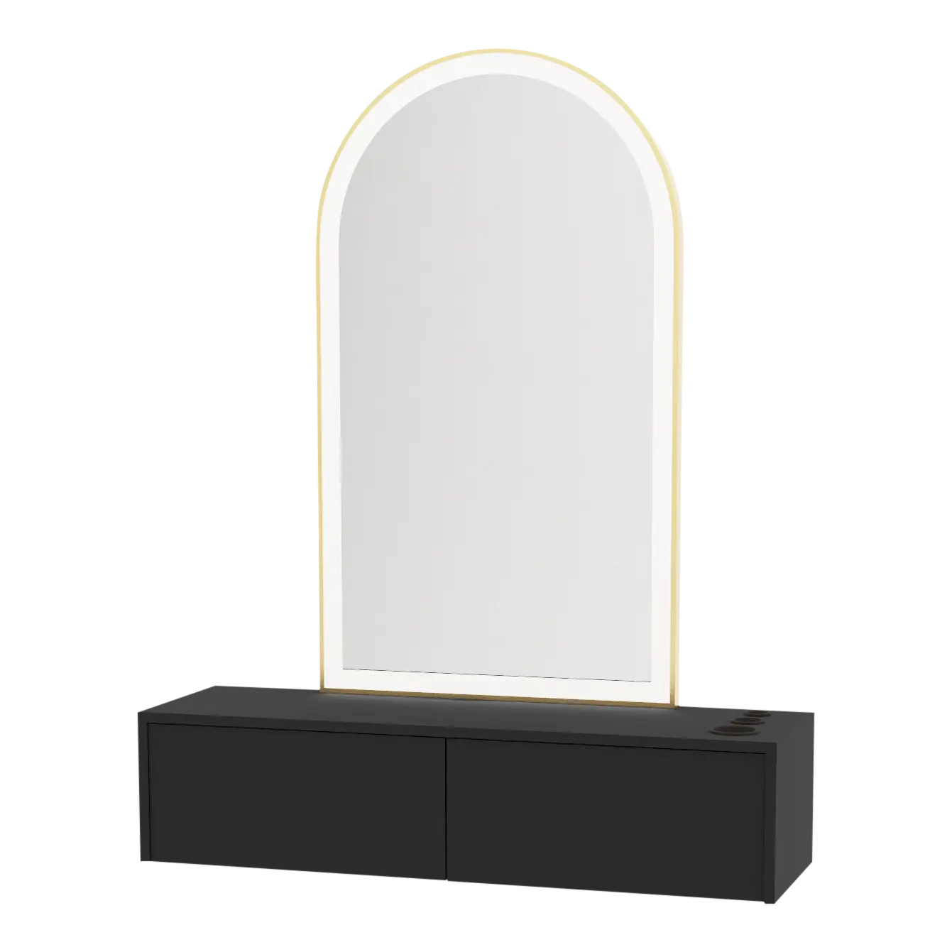 Glo Wall Mount Styling Station with Nestled Appliance Holder and Gold Arch Paloma Mirror