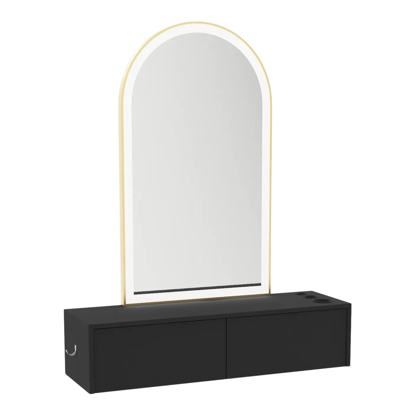 Glo Wall Mount Styling Station with Nestled Appliance Holder and Gold Arch Paloma Mirror